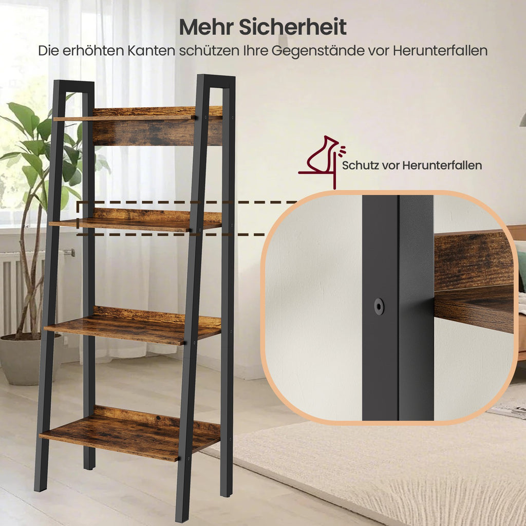 Bücherregal, Leiterregal 4 Ebenen, schmales Regal