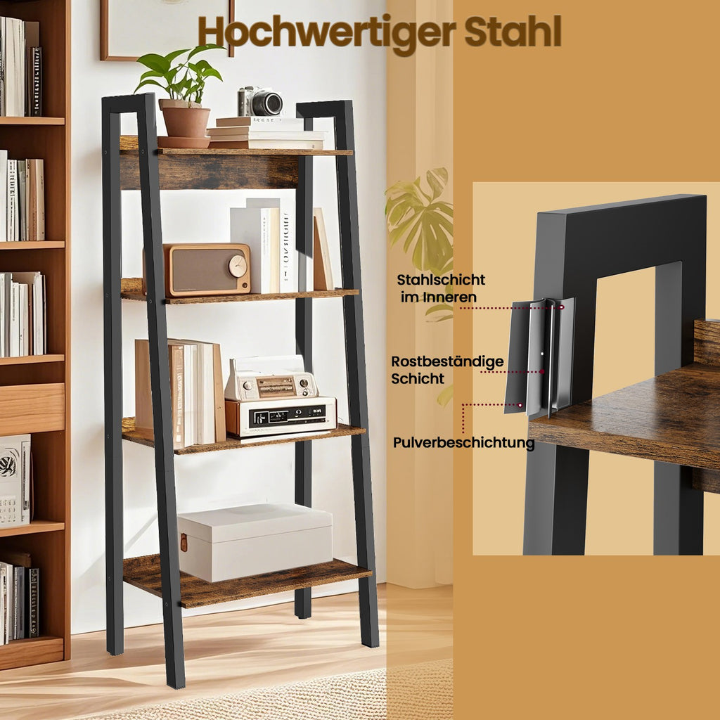Bücherregal, Leiterregal 4 Ebenen, schmales Regal