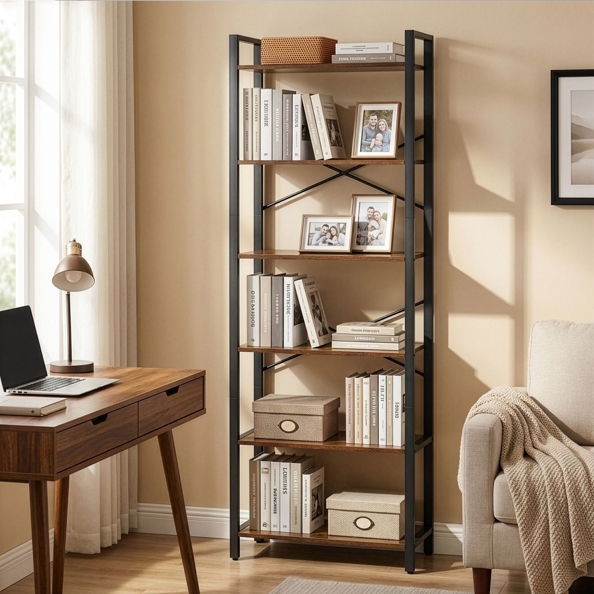 Bücherregal 6 Ebenen, Standregal mit Stahlrahmen, freistehendes Regal
