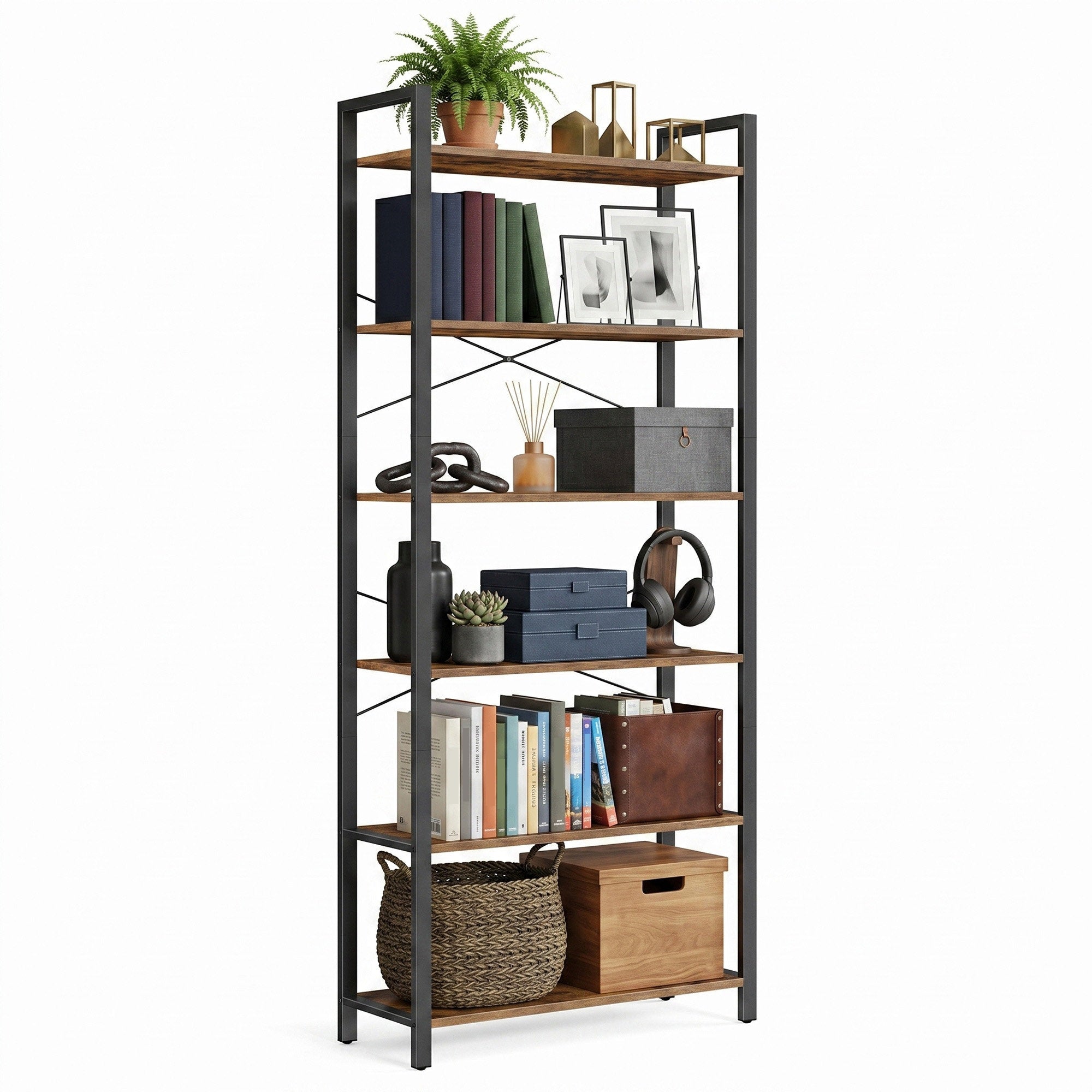 Bücherregal 6 Ebenen, Standregal mit Stahlrahmen, freistehendes Regal