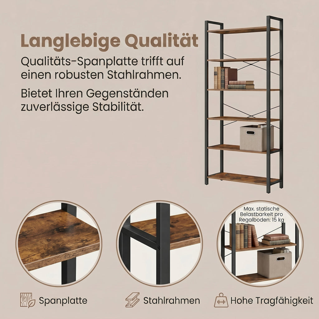Bücherregal 6 Ebenen, Standregal mit Stahlrahmen, freistehendes Regal