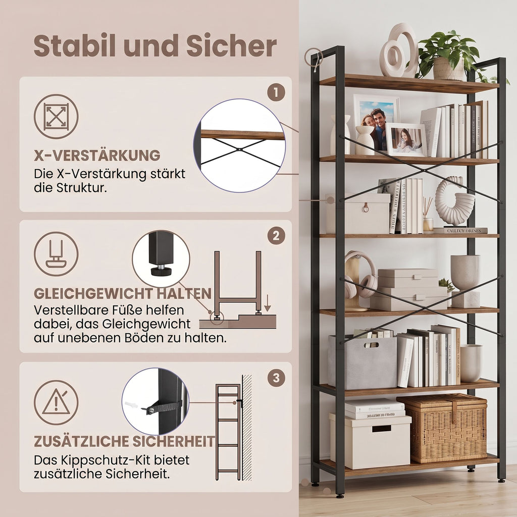 Bücherregal 6 Ebenen, Standregal mit Stahlrahmen, freistehendes Regal