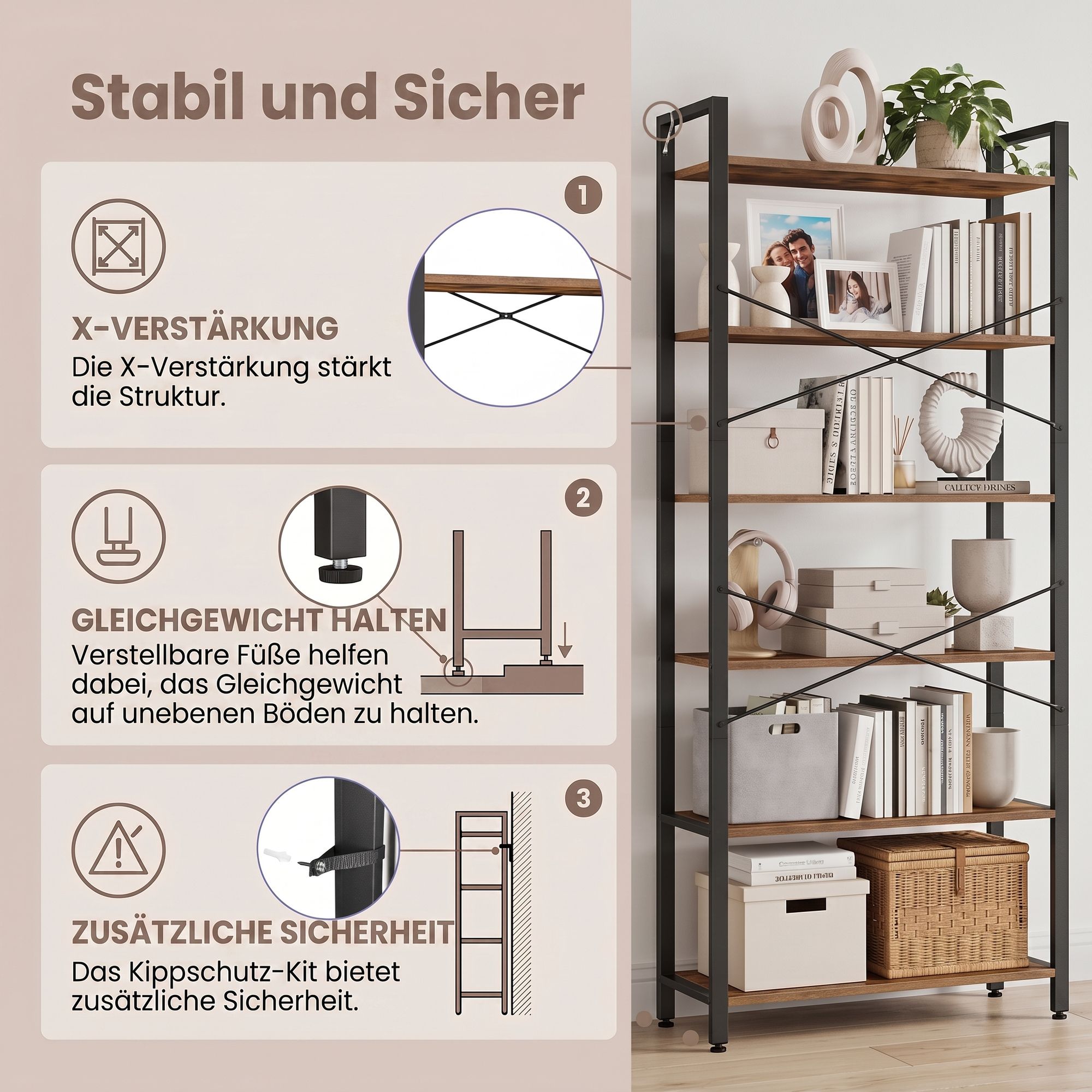 Bücherregal 6 Ebenen, Standregal mit Stahlrahmen, freistehendes Regal