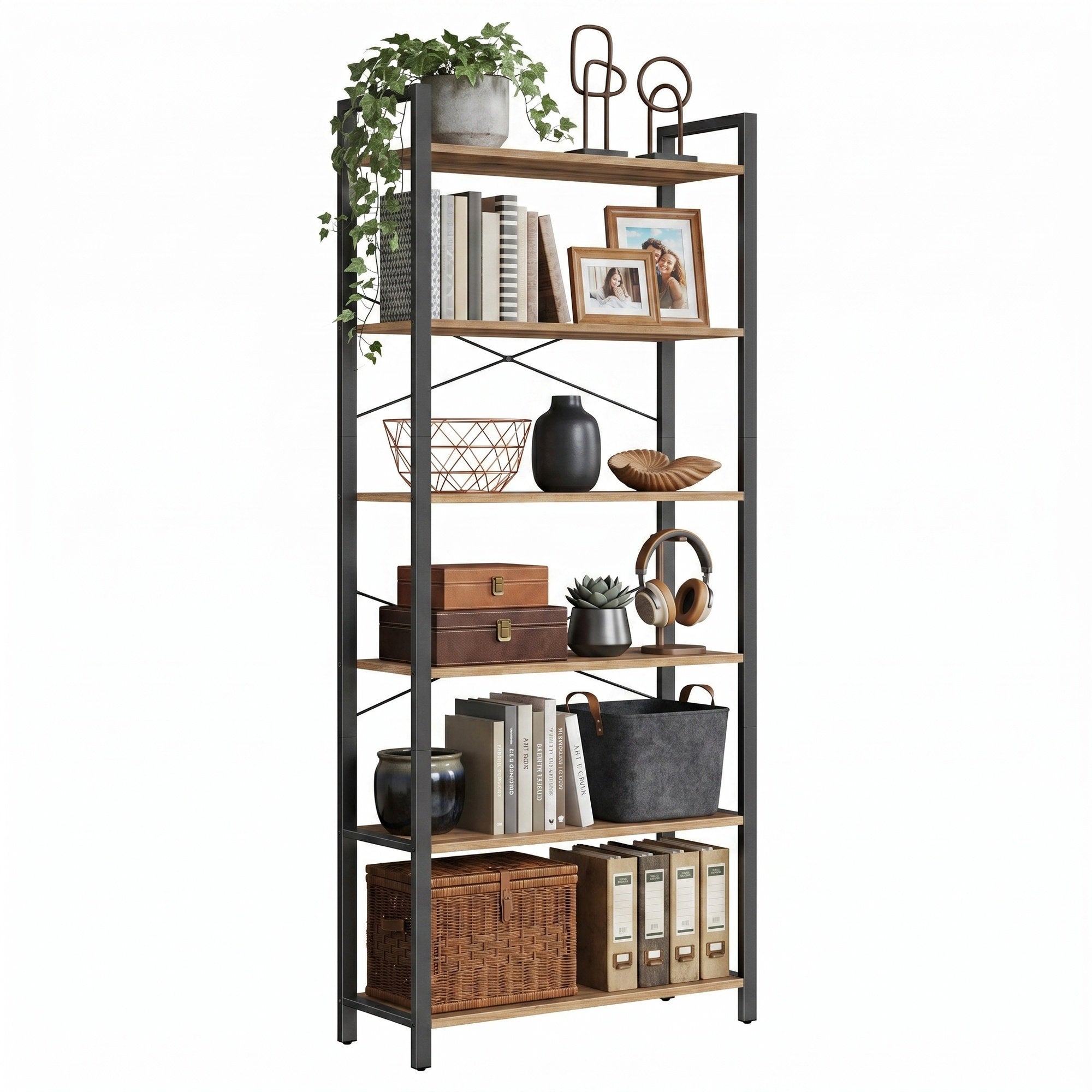 Bücherregal 6 Ebenen 30 x 80 x 186 cm dunkelwalnussfarben-schwarz