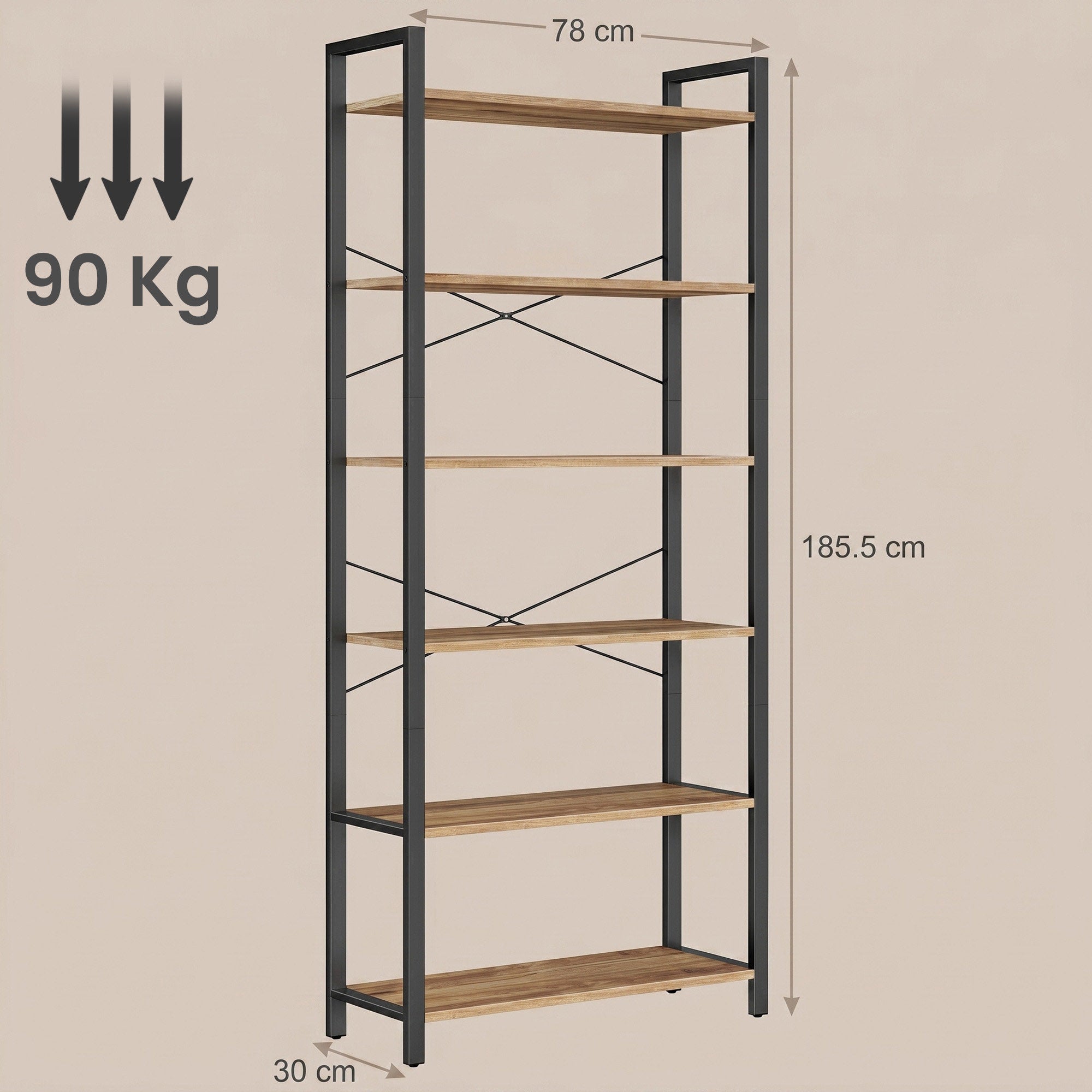 Bücherregal 6 Ebenen 30 x 80 x 186 cm dunkelwalnussfarben-schwarz