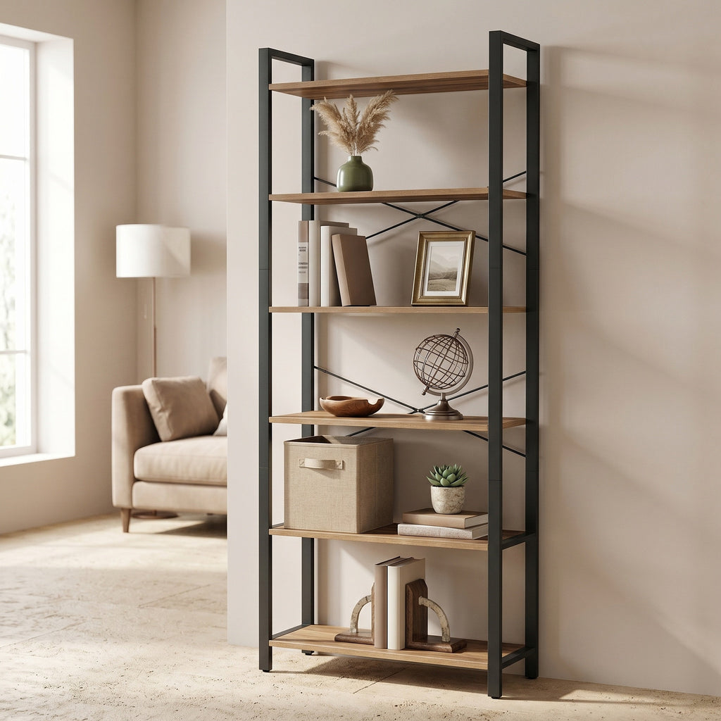 Bücherregal 6 Ebenen 30 x 80 x 186 cm dunkelwalnussfarben-schwarz