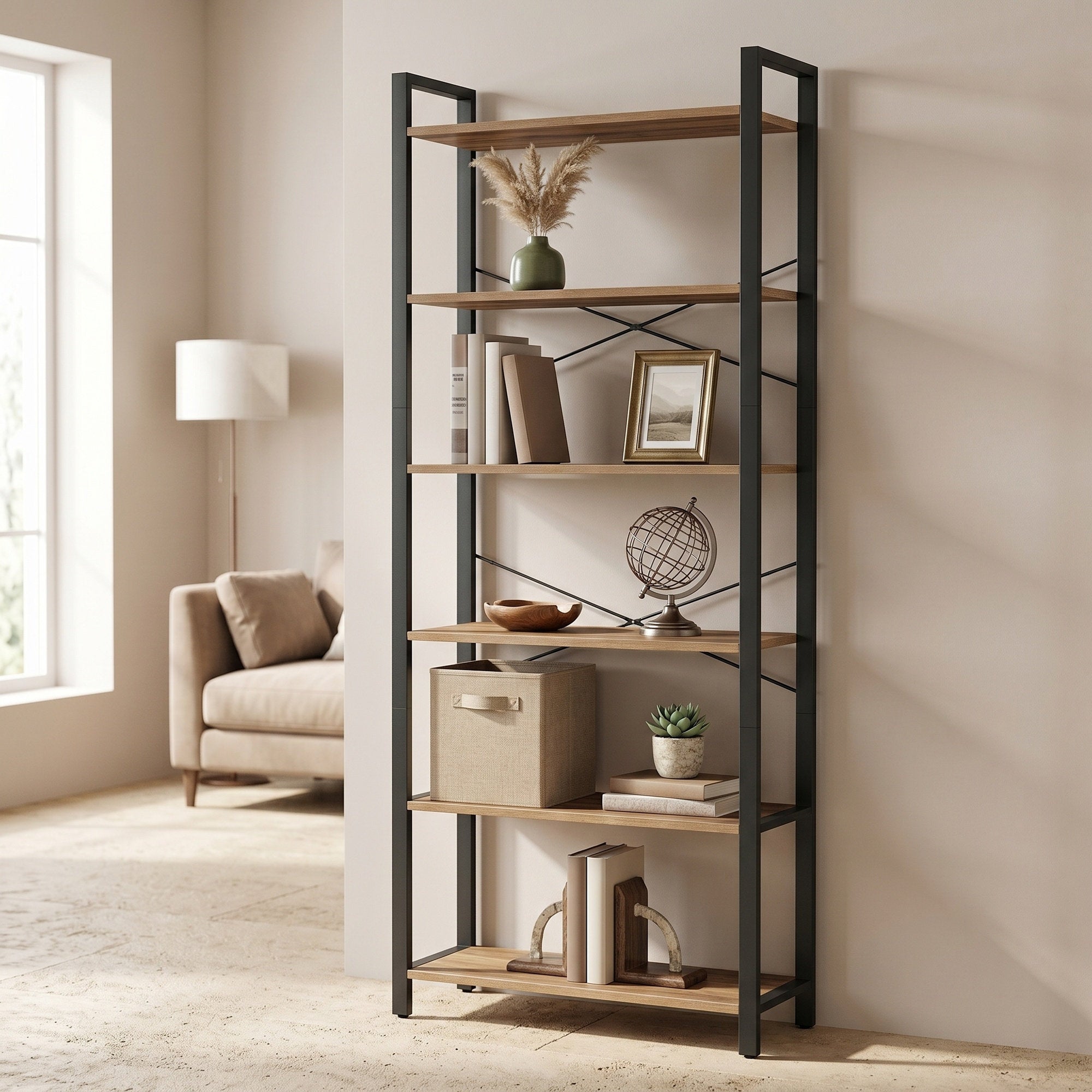 Bücherregal 6 Ebenen 30 x 80 x 186 cm dunkelwalnussfarben-schwarz
