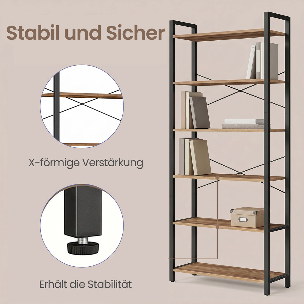 Bücherregal 6 Ebenen 30 x 80 x 186 cm dunkelwalnussfarben-schwarz