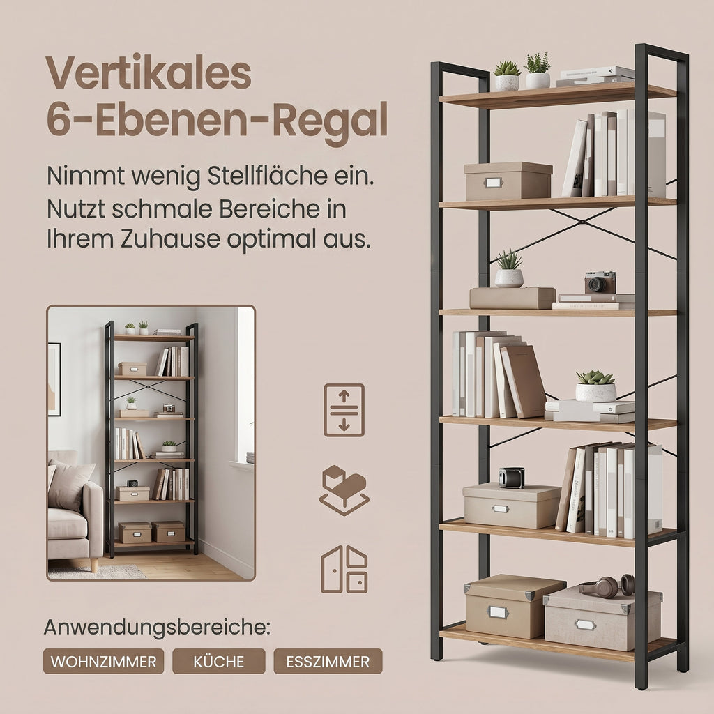 Bücherregal 6 Ebenen 30 x 80 x 186 cm dunkelwalnussfarben-schwarz