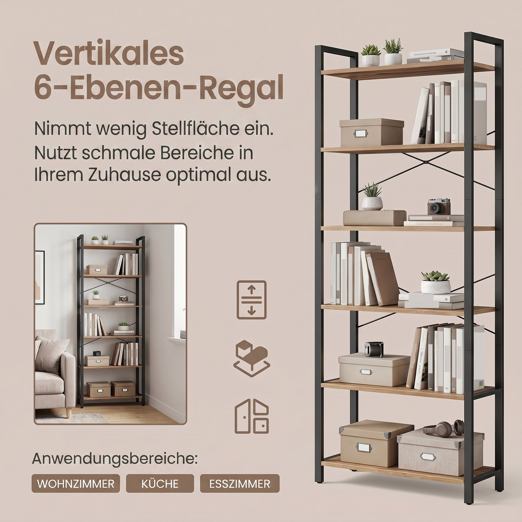 Bücherregal 6 Ebenen 30 x 80 x 186 cm dunkelwalnussfarben-schwarz