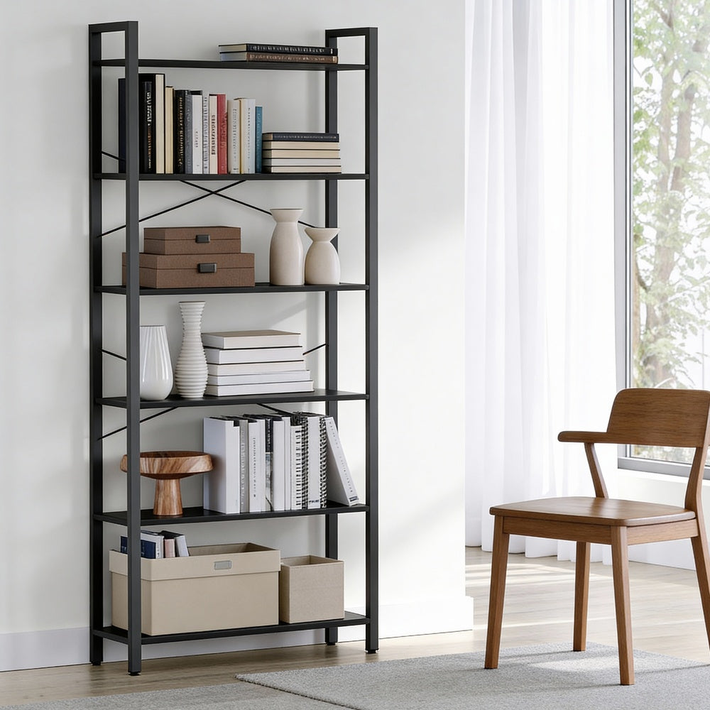 Bücherregal 6 Ebenen, Standregal mit Stahlrahmen, freistehendes Regal
