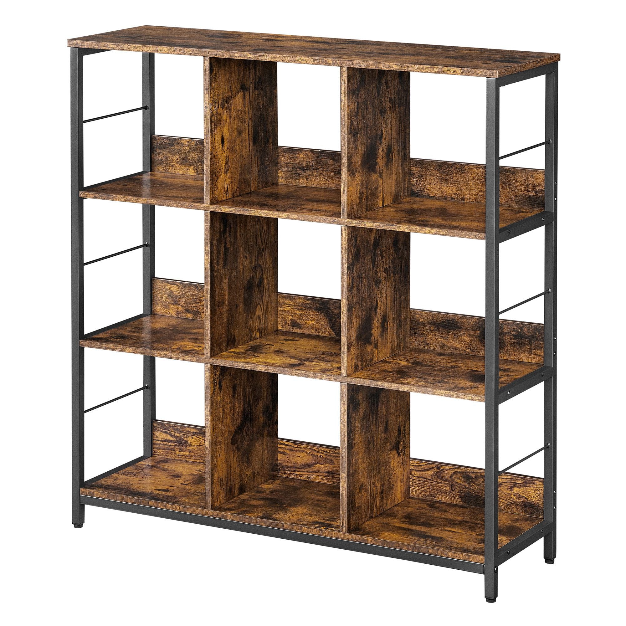Standregal mit 3 Ebenen, Bücherregal mit 9 Fächern, braun-schwarz