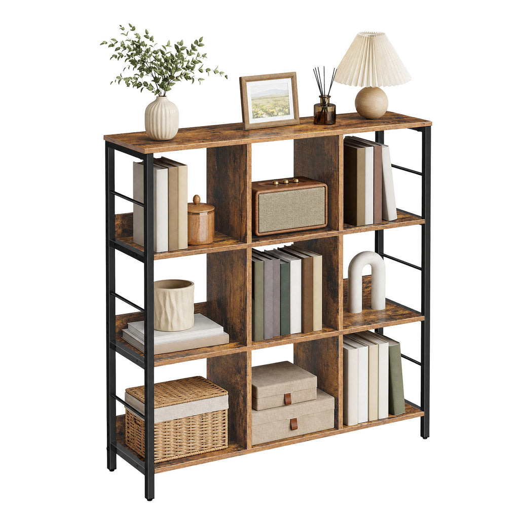 Standregal mit 3 Ebenen, Bücherregal mit 9 Fächern, braun-schwarz