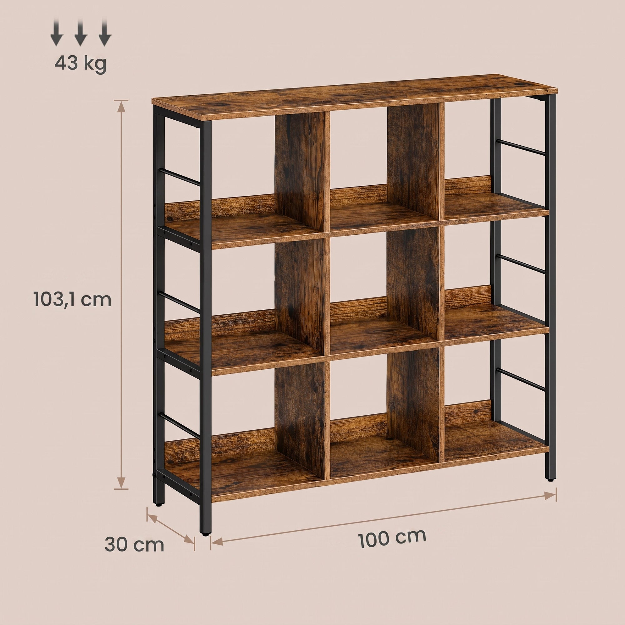 Standregal mit 3 Ebenen, Bücherregal mit 9 Fächern, braun-schwarz