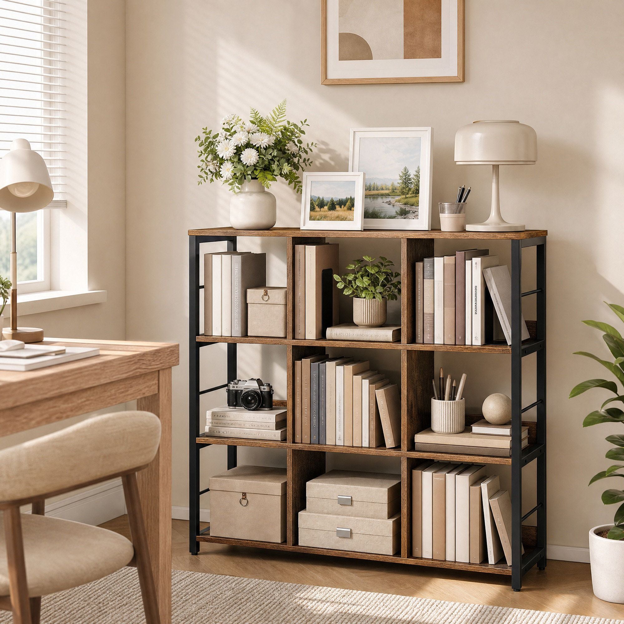 Standregal mit 3 Ebenen, Bücherregal mit 9 Fächern, braun-schwarz