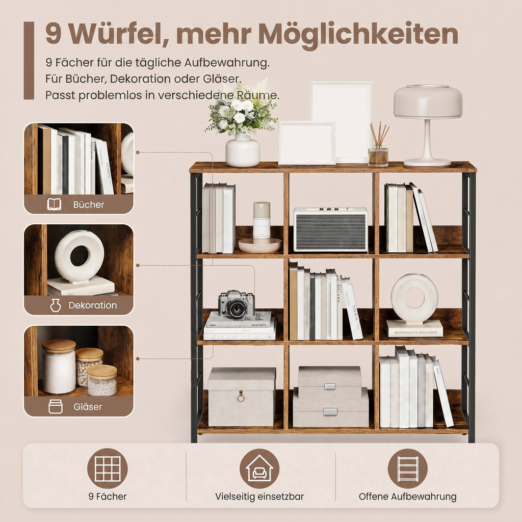 Standregal mit 3 Ebenen, Bücherregal mit 9 Fächern, braun-schwarz