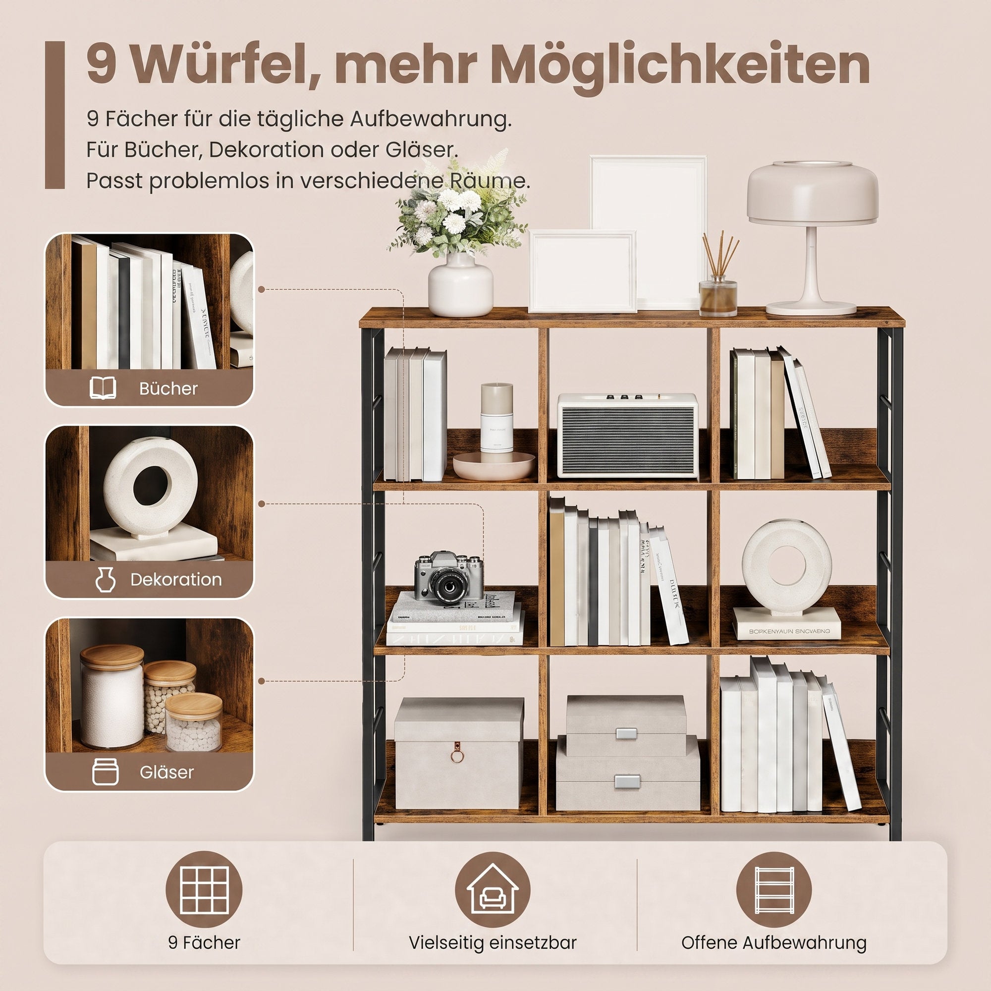 Standregal mit 3 Ebenen, Bücherregal mit 9 Fächern, braun-schwarz