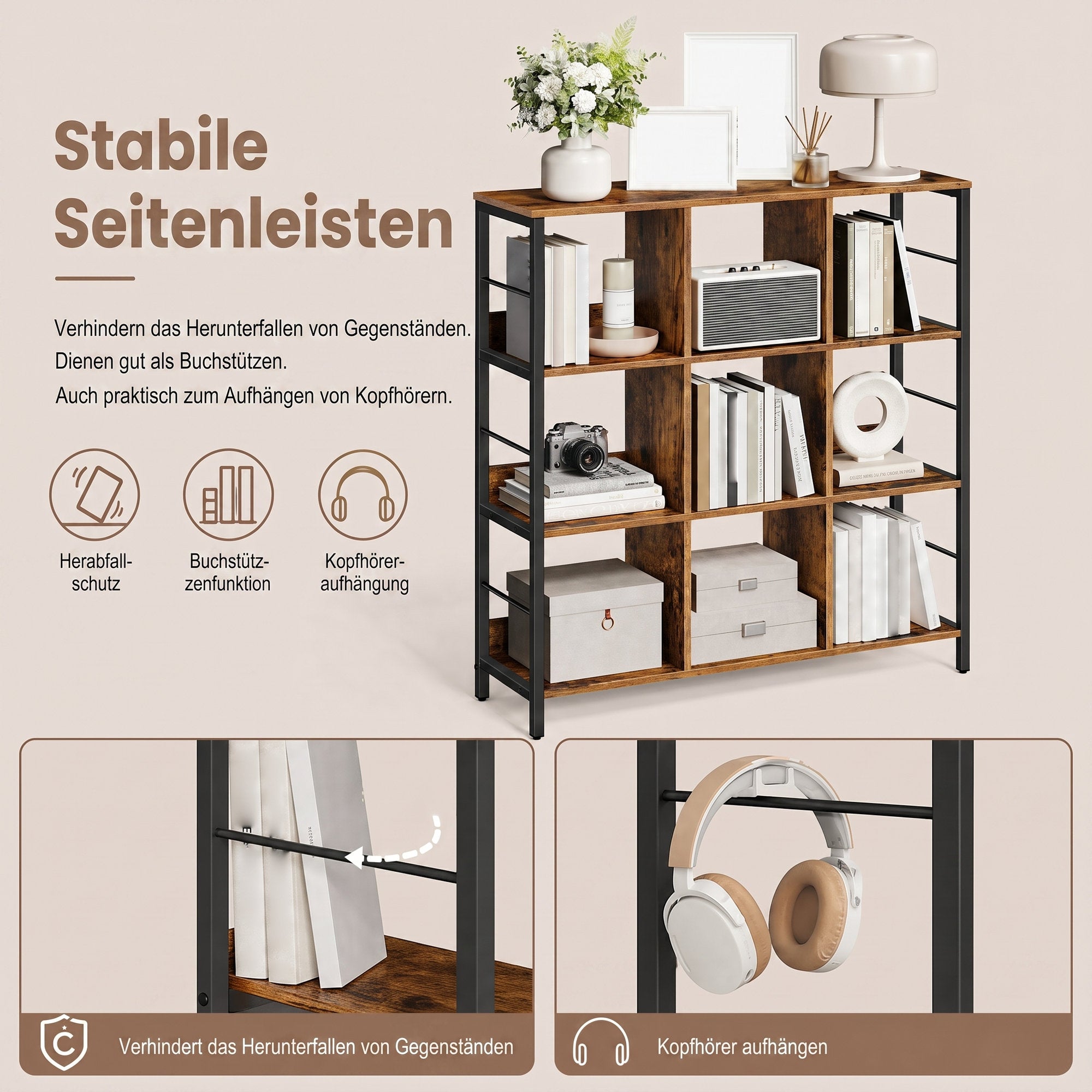 Standregal mit 3 Ebenen, Bücherregal mit 9 Fächern, braun-schwarz