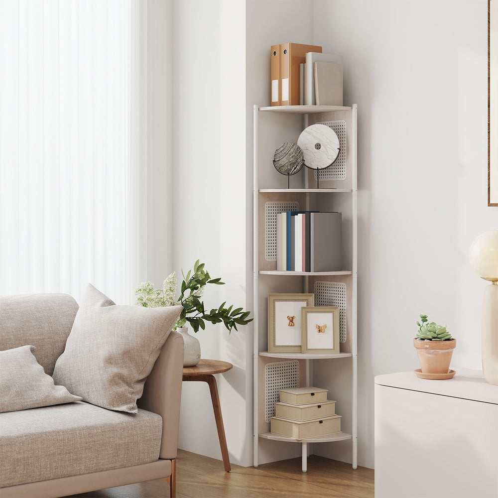 Eckregal mit 5 Ebenen, Bücherregal, Polyrattan-Seitenplatten