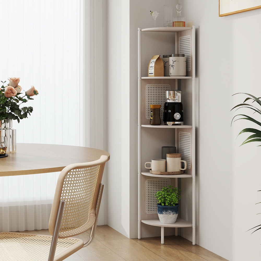 Eckregal mit 5 Ebenen, Bücherregal, Polyrattan-Seitenplatten