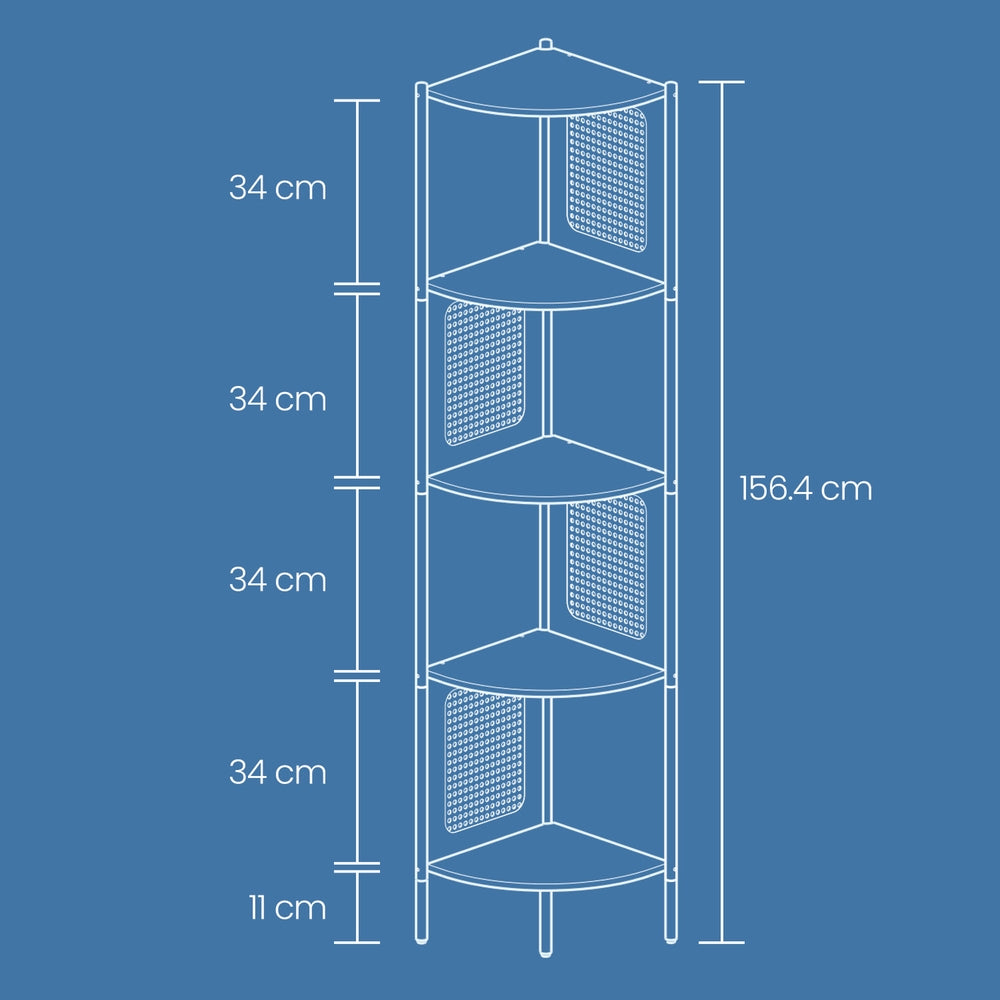 Eckregal mit 5 Ebenen, Bücherregal, Polyrattan-Seitenplatten