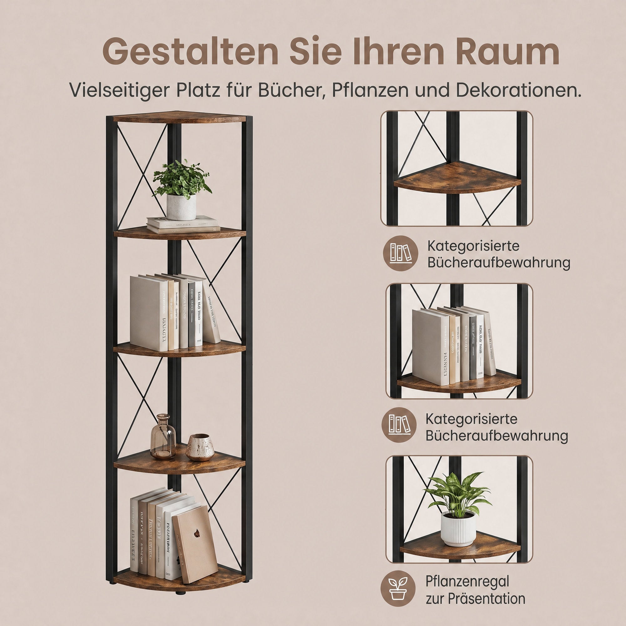 Eckregal mit 5 Ebenen, 160 cm hoch, Bücherregal