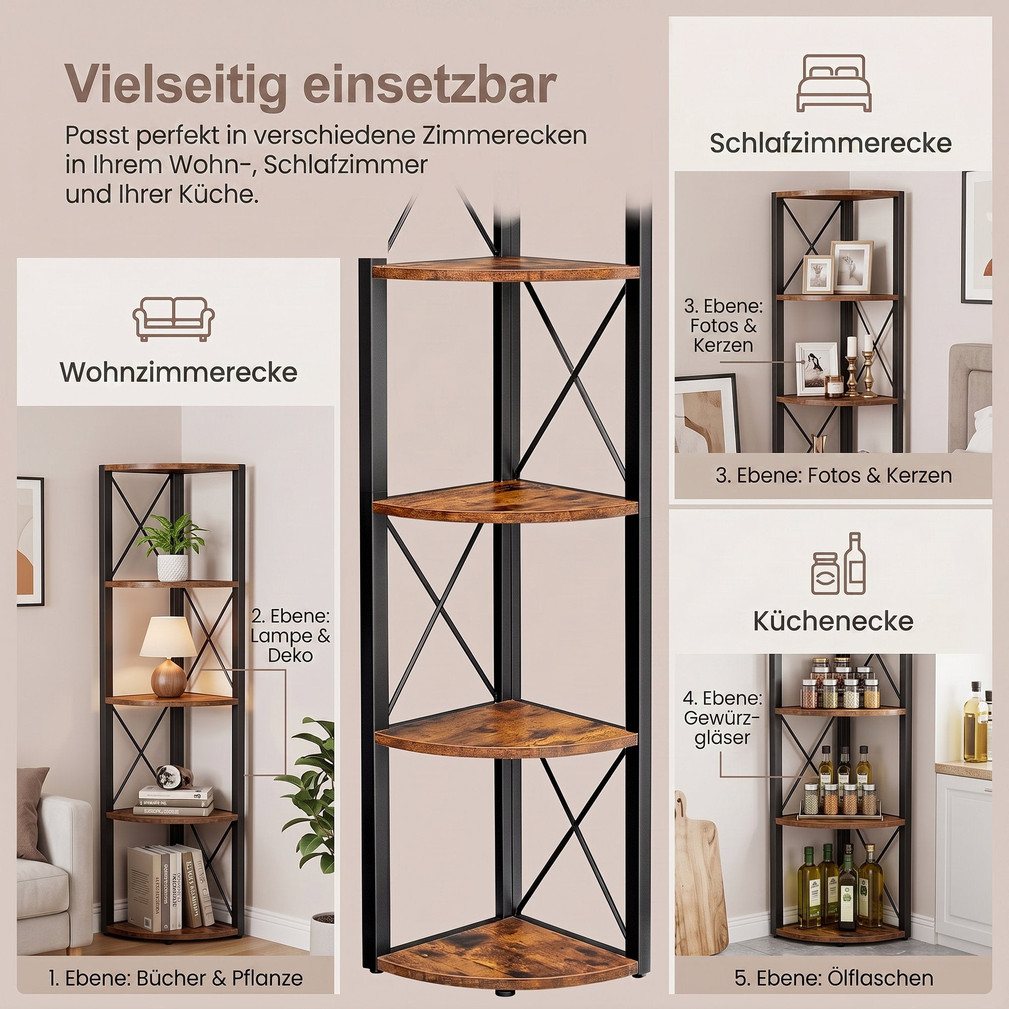 Eckregal mit 5 Ebenen, 160 cm hoch, Bücherregal