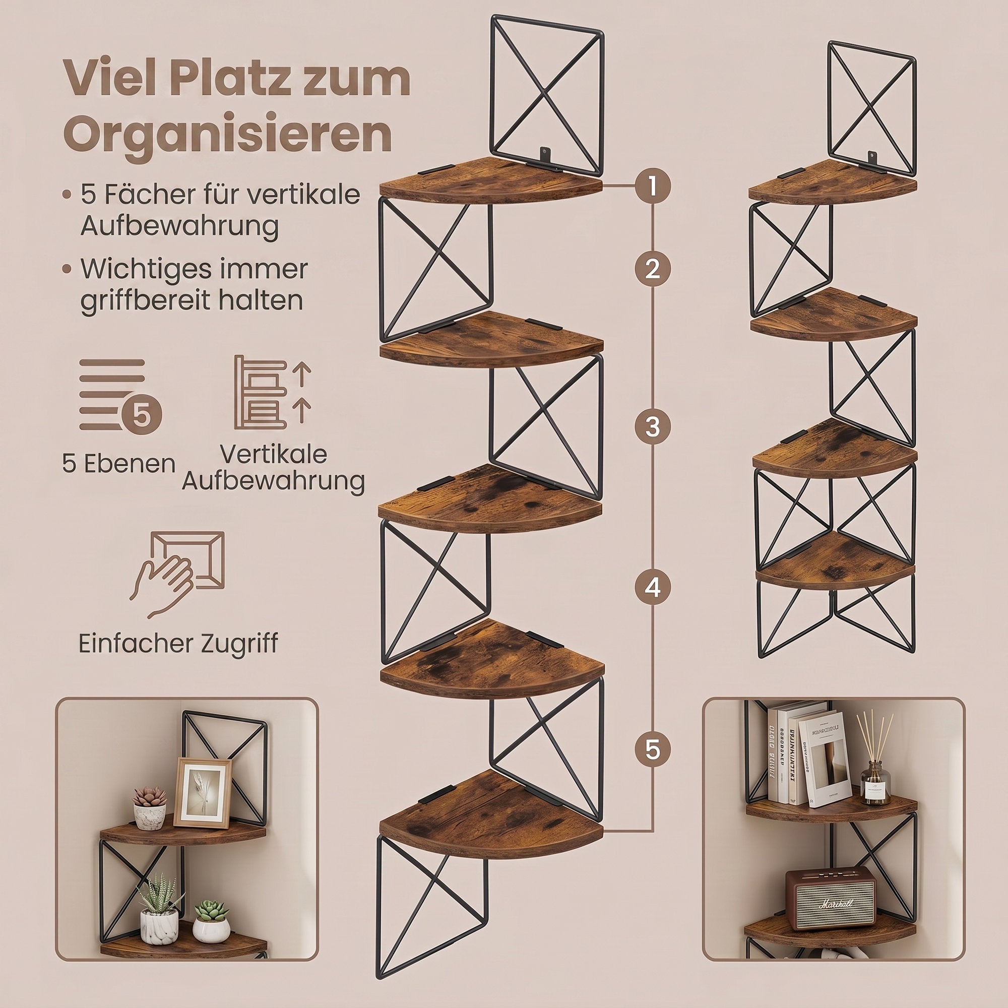 Eckregal, Bücherregal Zickzack-Design, 5 Ebenen