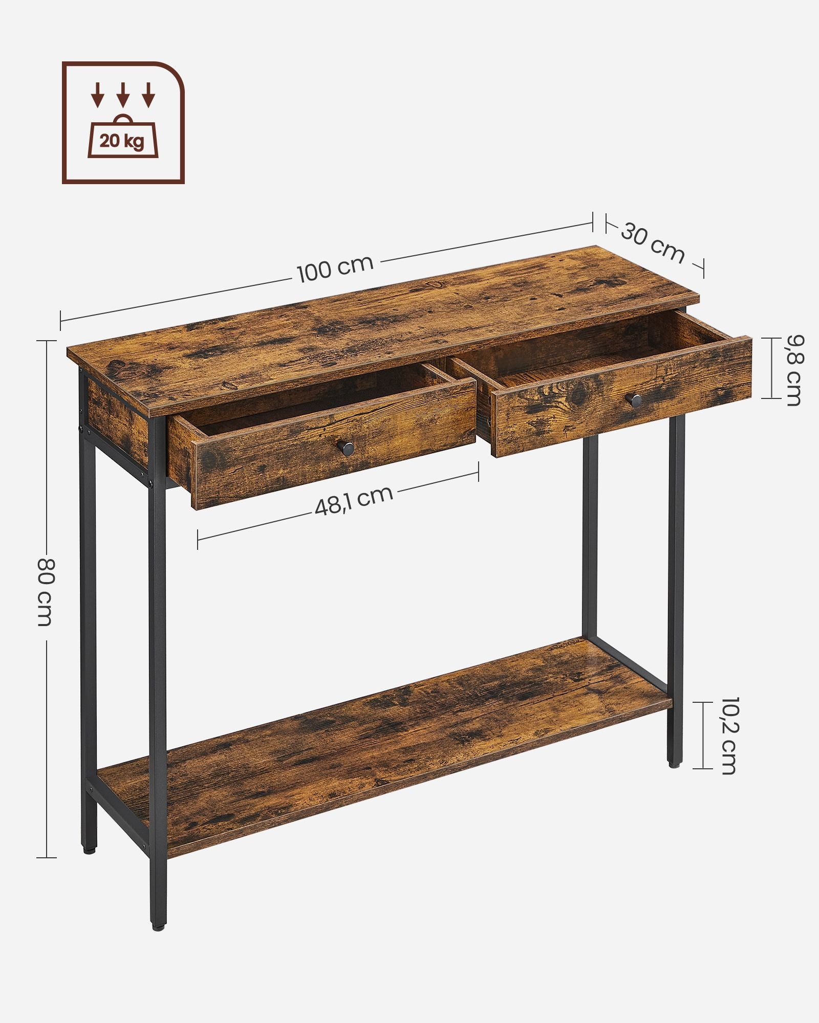Konsolentisch mit 2 Schubladen und Stahlgestell vintagebraun-schwarz