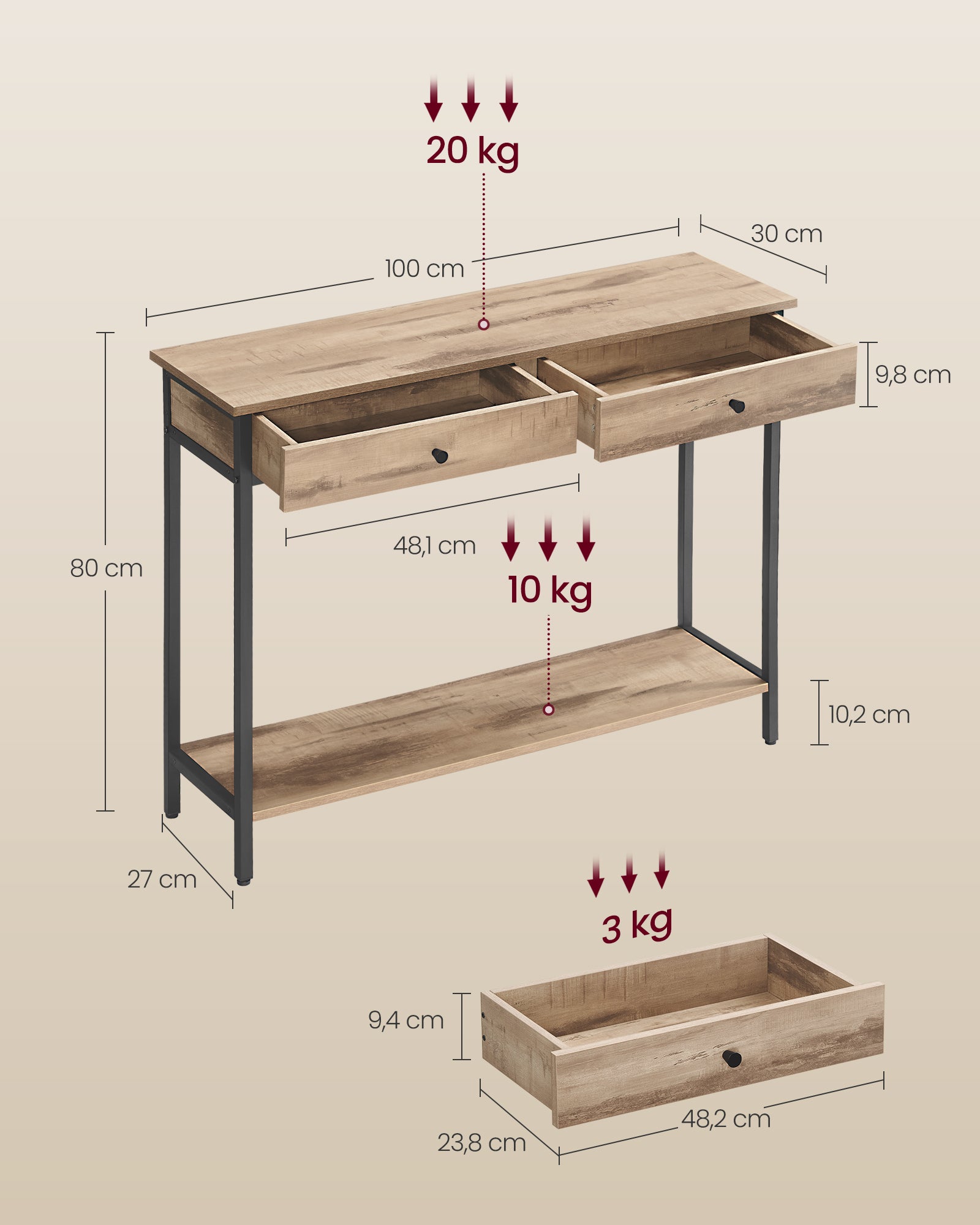 Konsolentisch mit 2 Schubladen kamelbraun-tintenschwarz