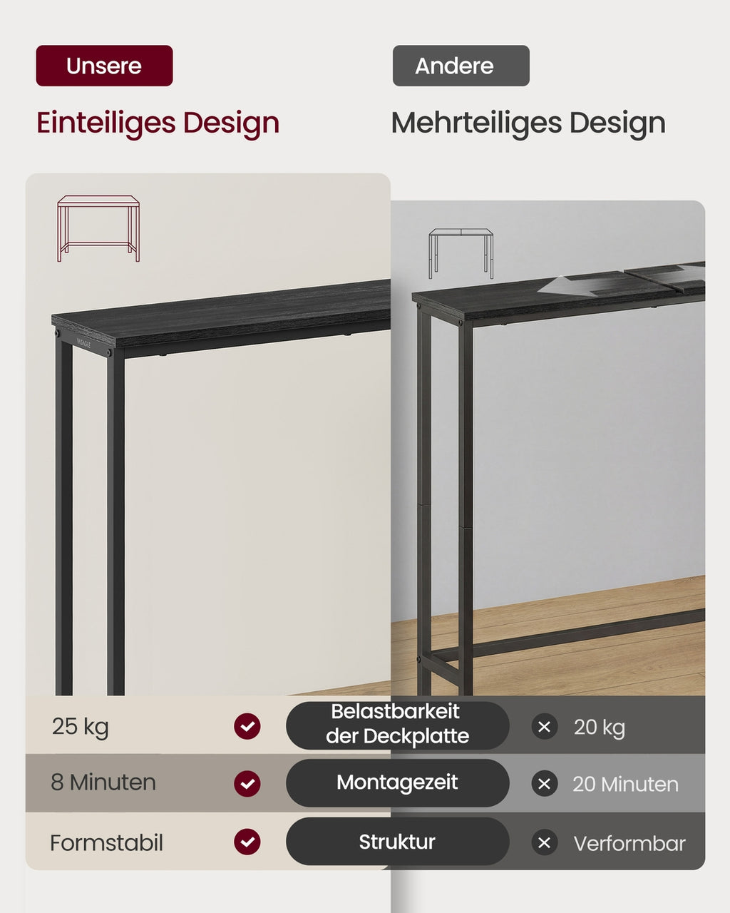 Konsolentisch, Flurtisch, Einteilige Tischplatte, einfache Montage, schmaler Sofatisch