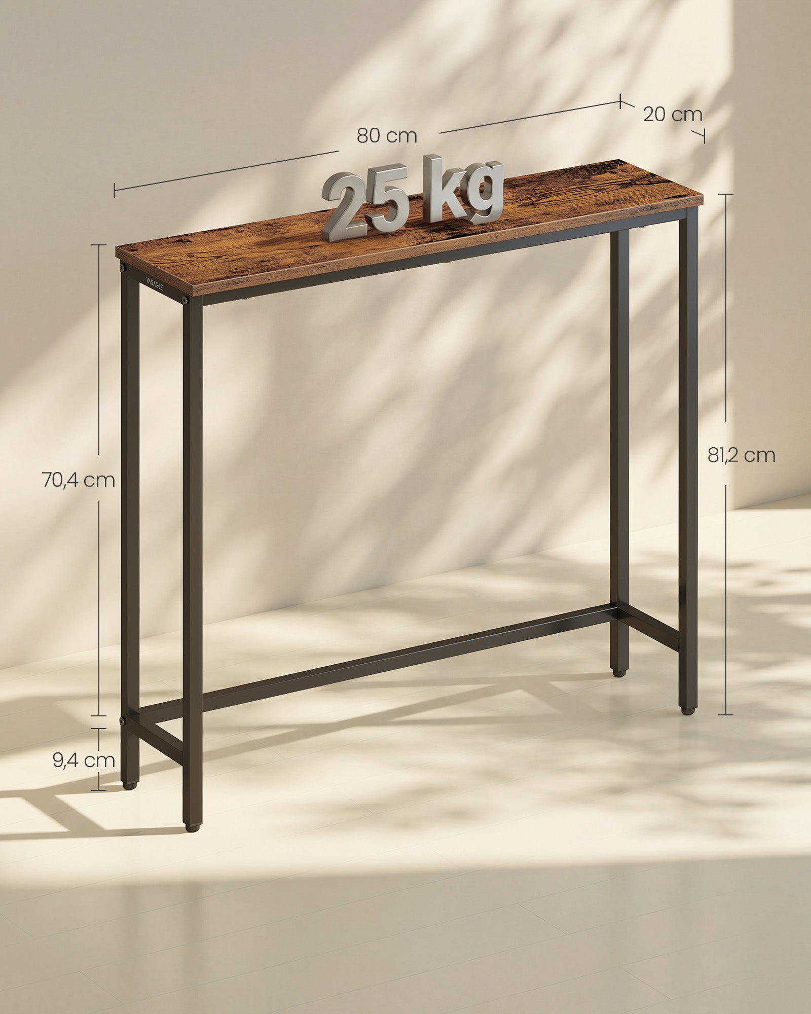 Konsolentisch mit einteiliger Tischplatte 20 x 80 x 81,2 cm vintagebraun