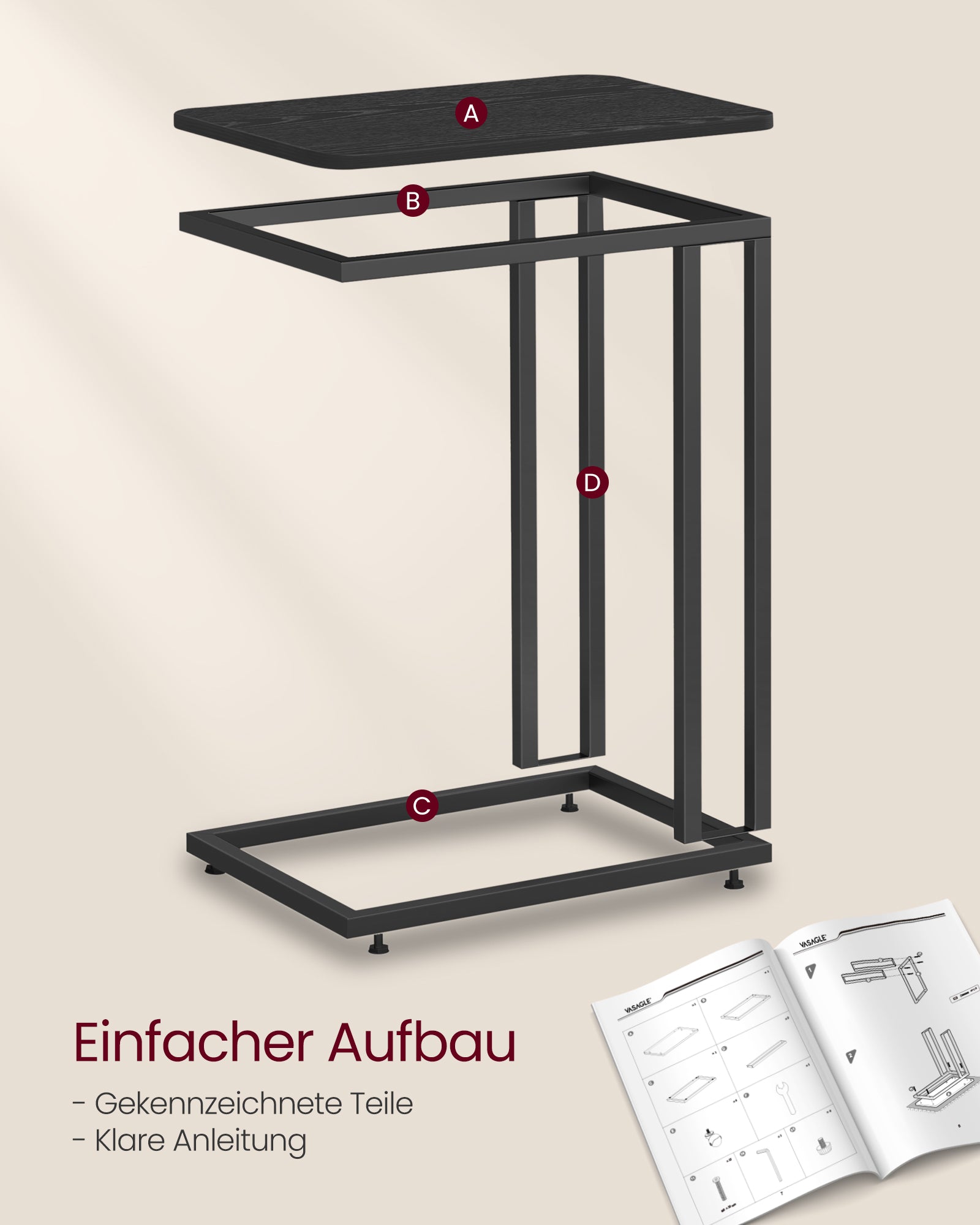Beistelltisch mit Rollen C-Form ebenholzschwarz