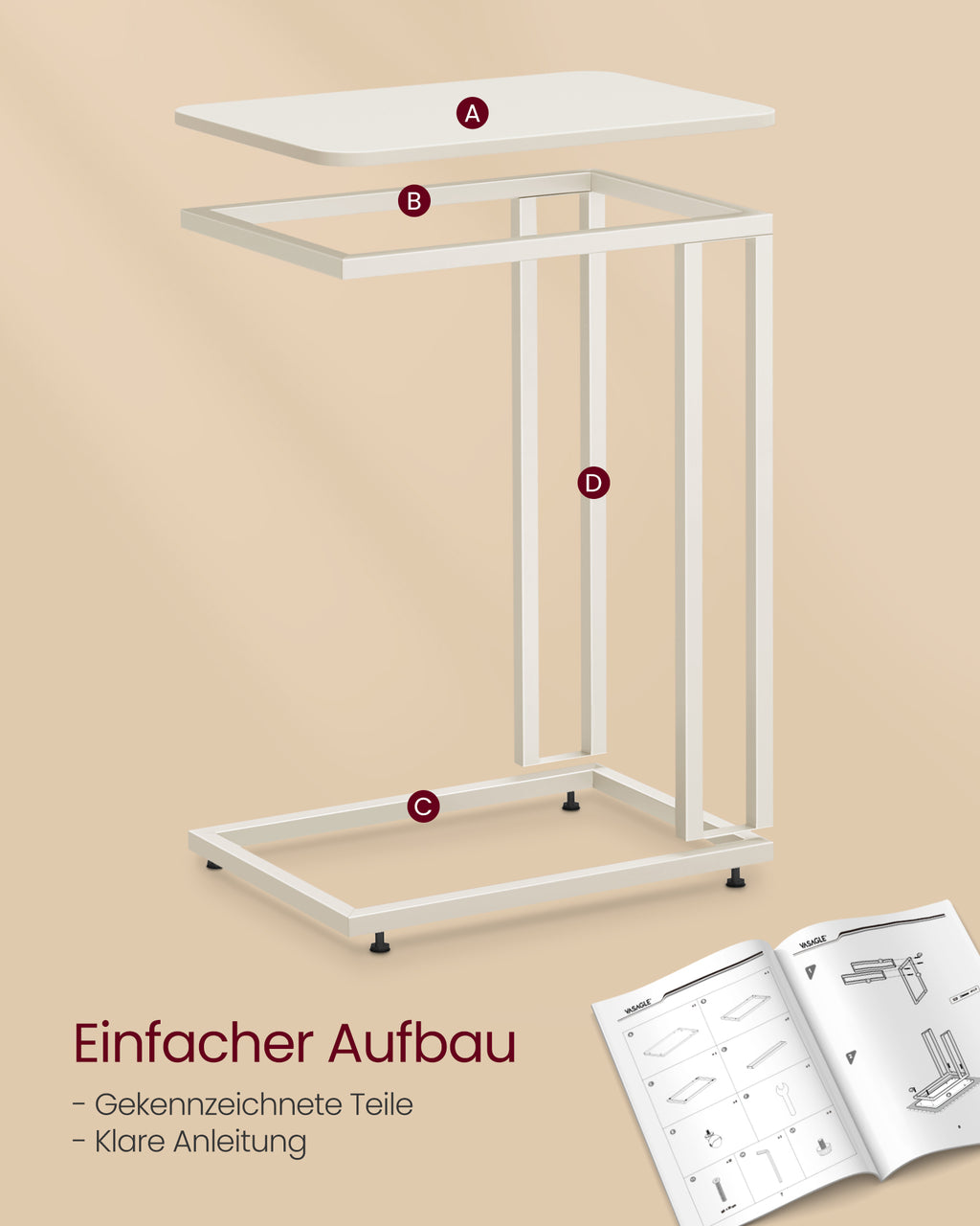 Beistelltisch mit Rollen C-Form cremeweiß