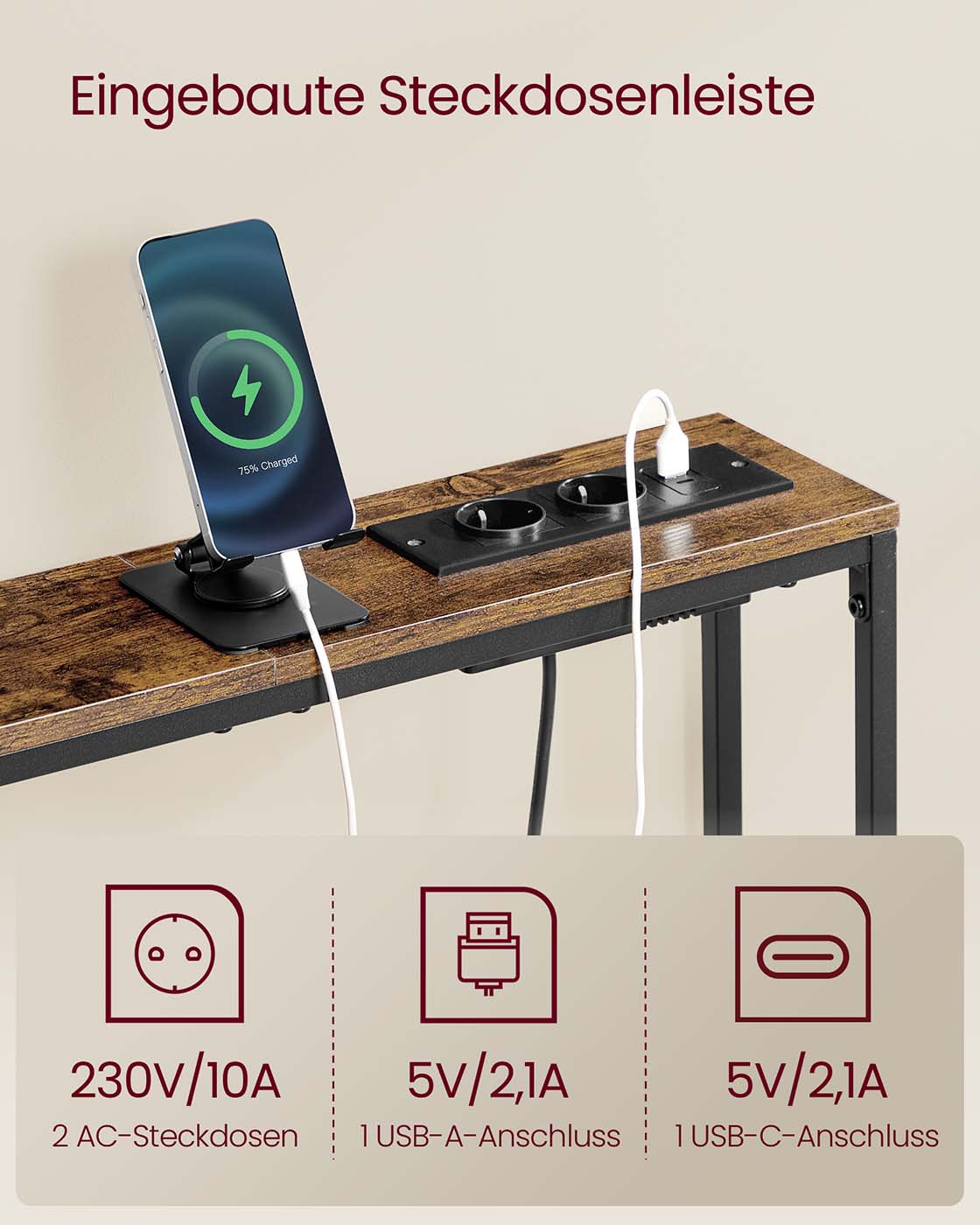Schmaler Konsolentisch mit Ladestation und Haken