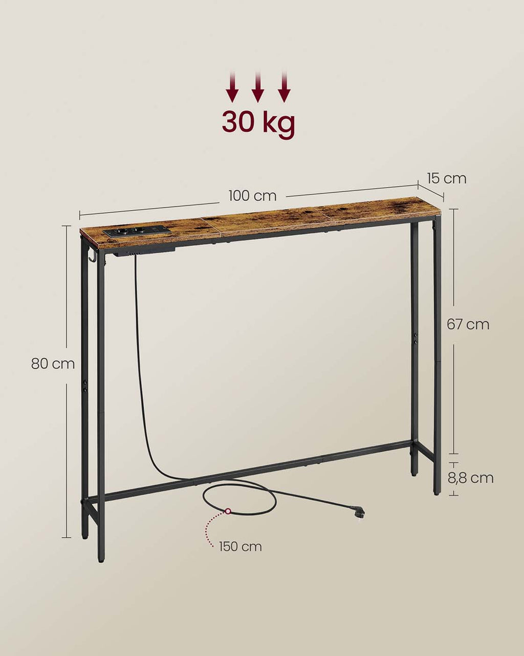 Schmaler Konsolentisch mit Ladestation und Haken