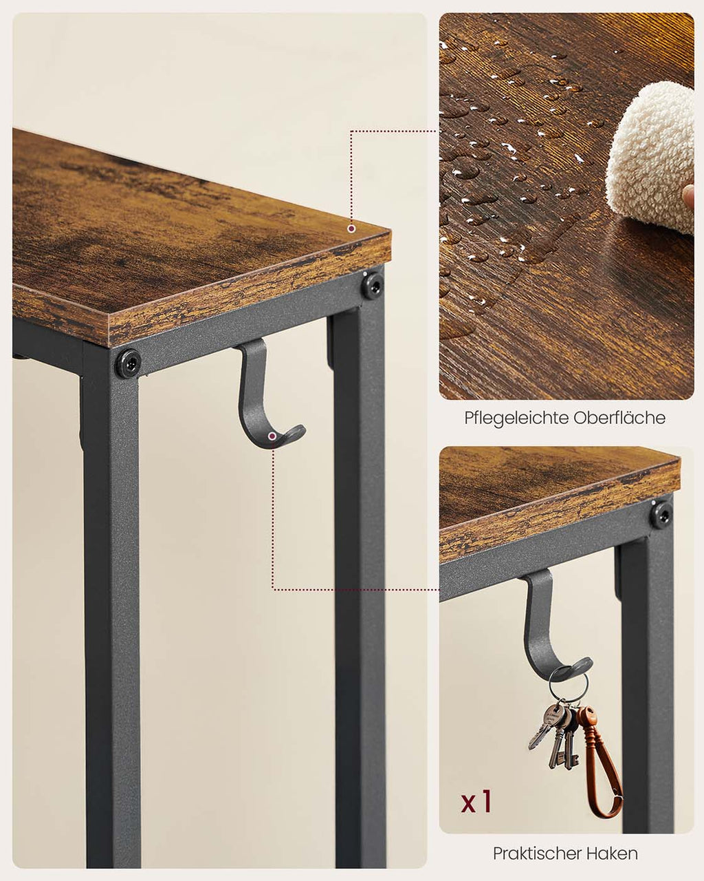 Schmaler Konsolentisch mit Ladestation und Haken