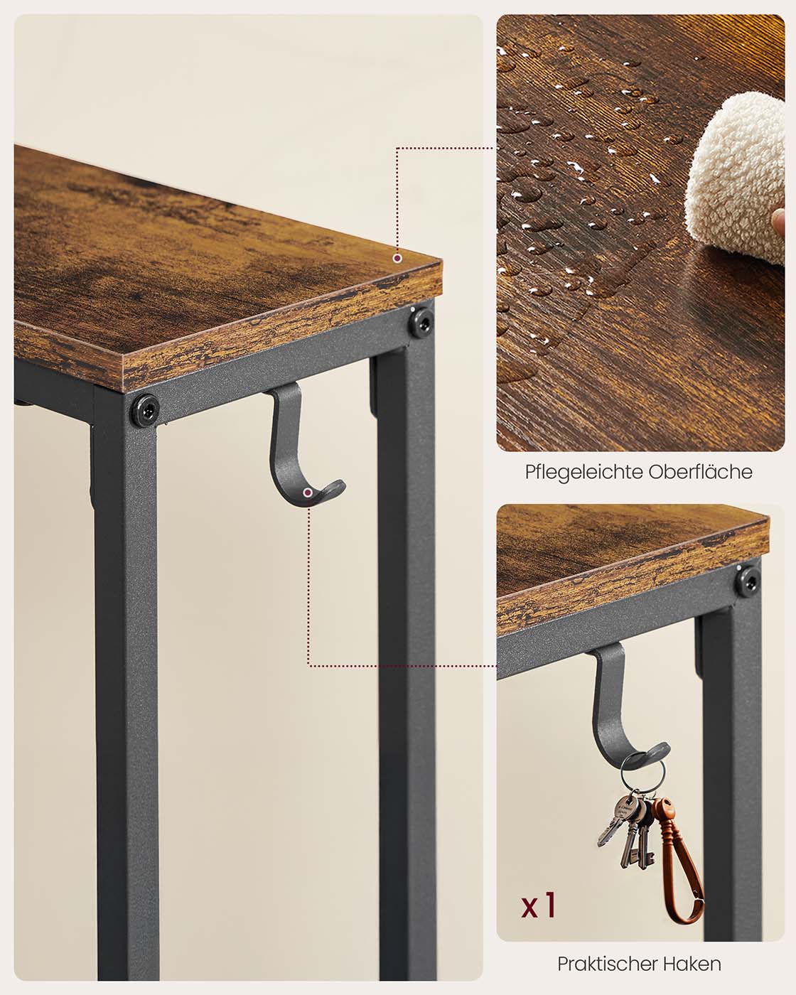 Schmaler Konsolentisch mit Ladestation und Haken