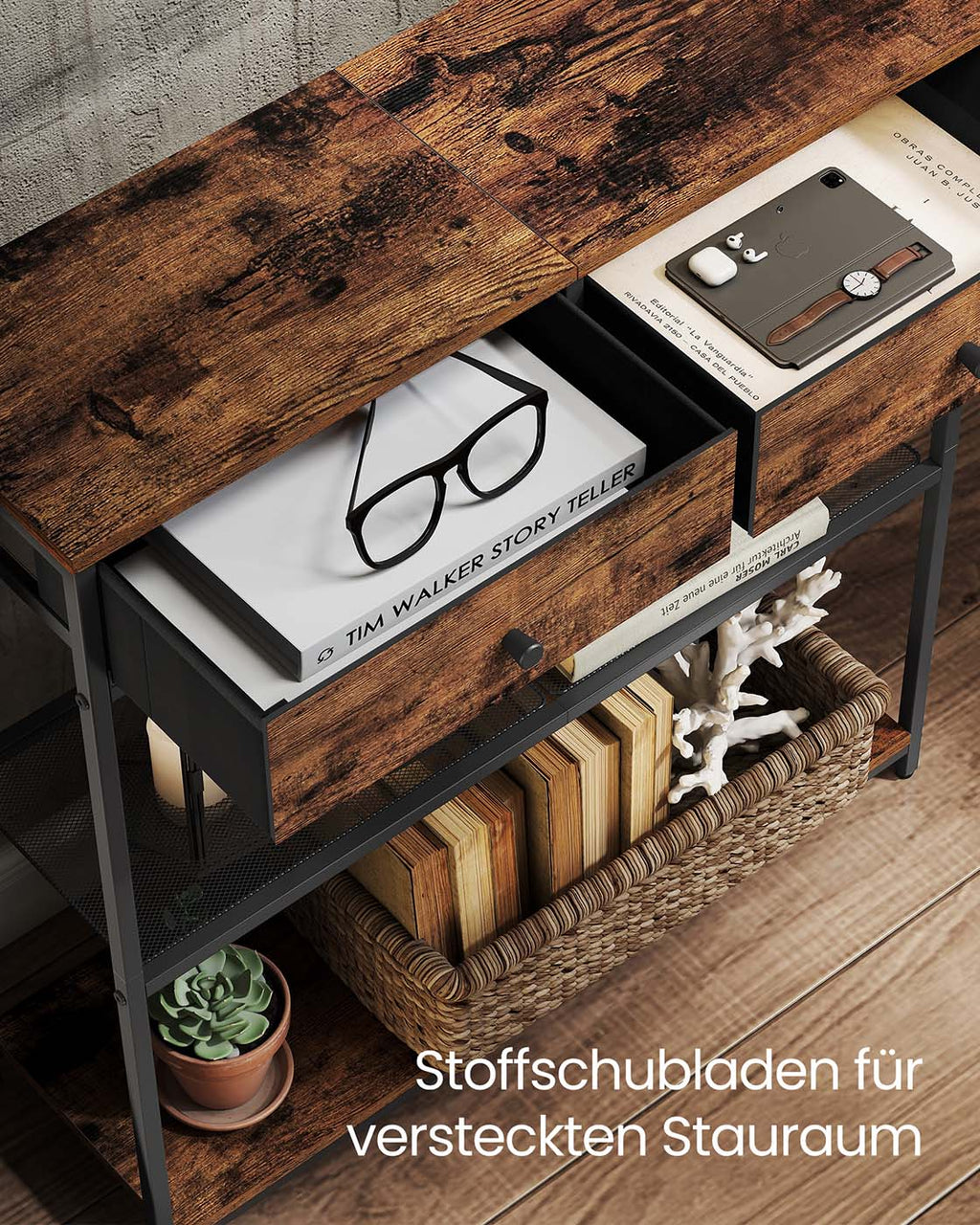 Schmaler Konsolentisch mit zwei Stoffschubladen