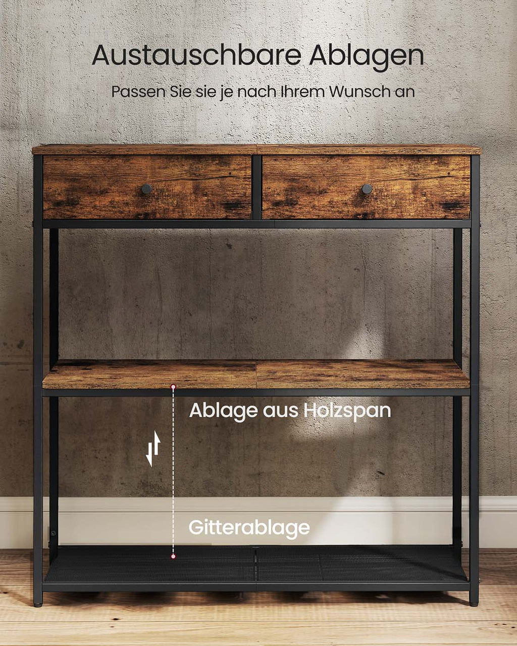 Schmaler Konsolentisch mit zwei Stoffschubladen