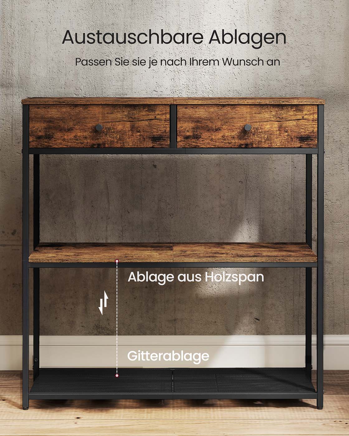 Schmaler Konsolentisch mit zwei Stoffschubladen
