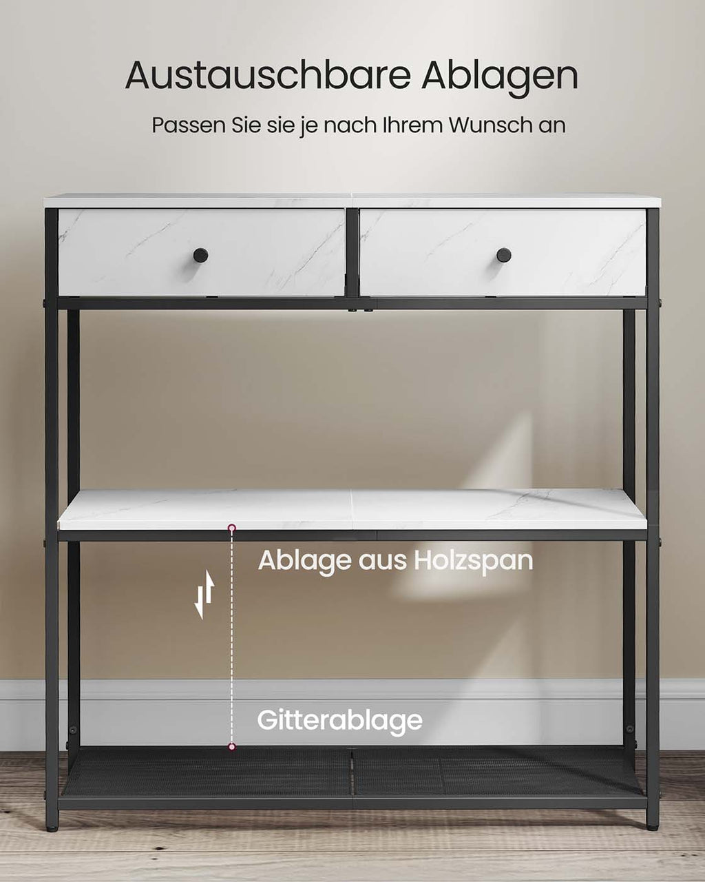 Schmaler Konsolentisch mit zwei Stoffschubladen