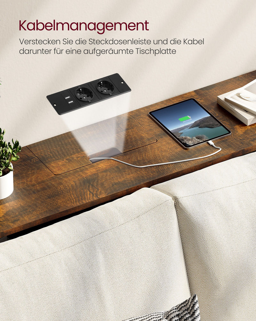 Konsolentisch mit Steckdosen platzsparend vintagebraun-tintenschwarz