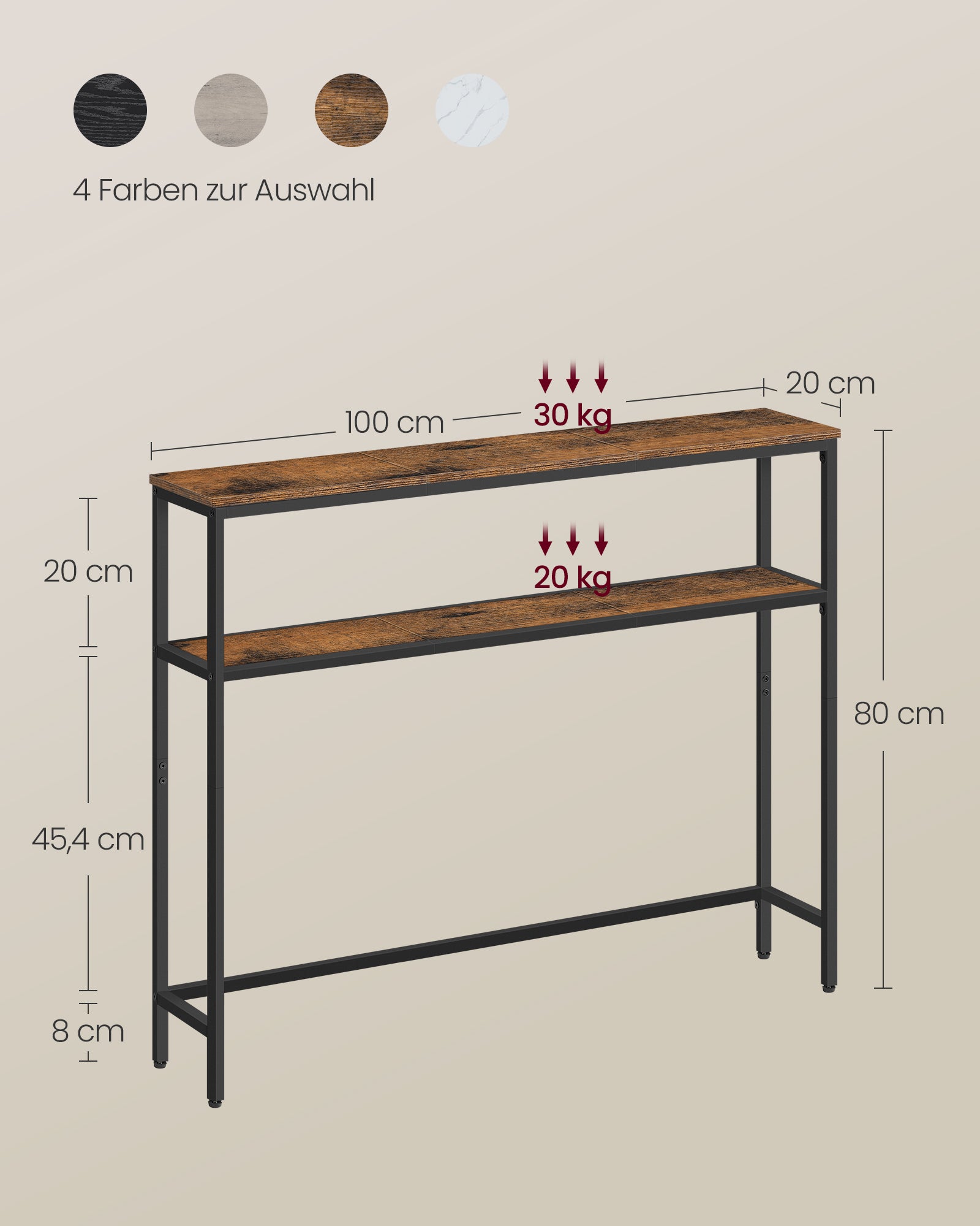 schmaler Sofatisch mit 2 Ablagen vintagebraun-tintenschwarz