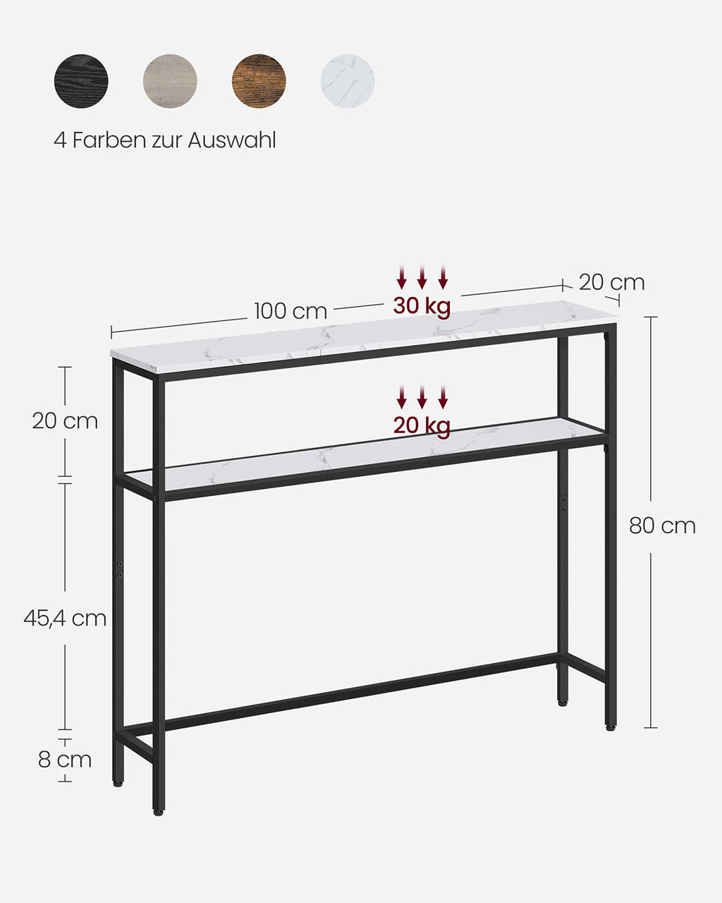 Konsolentisch mit 2 Ablagen 20 x 100 x 80 cm marmorweiß-tintenschwarz