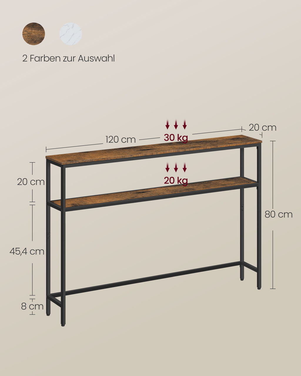 schmaler Sofatisch mit 2 Ablagen vintagebraun-tintenschwarz