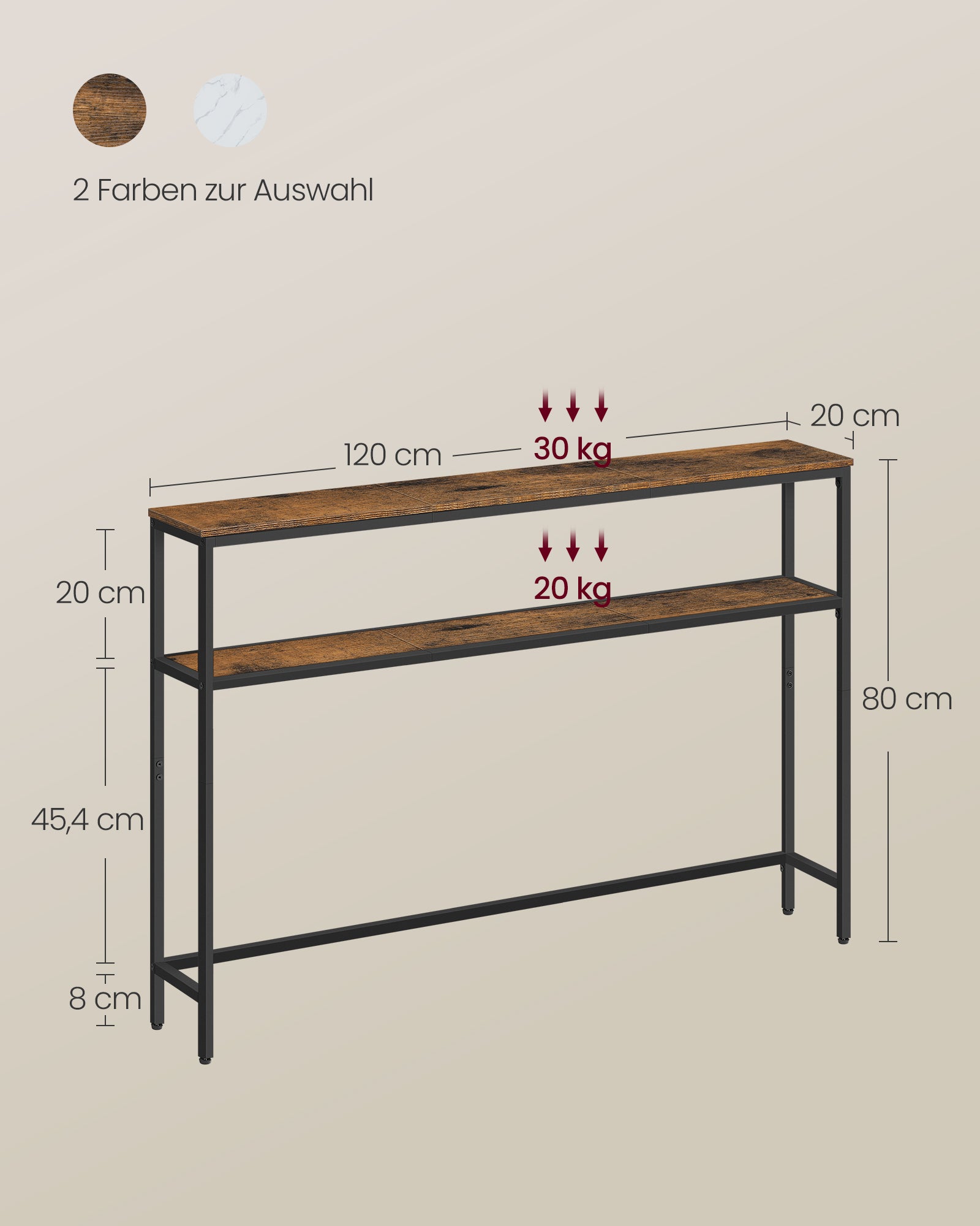 schmaler Sofatisch mit 2 Ablagen vintagebraun-tintenschwarz