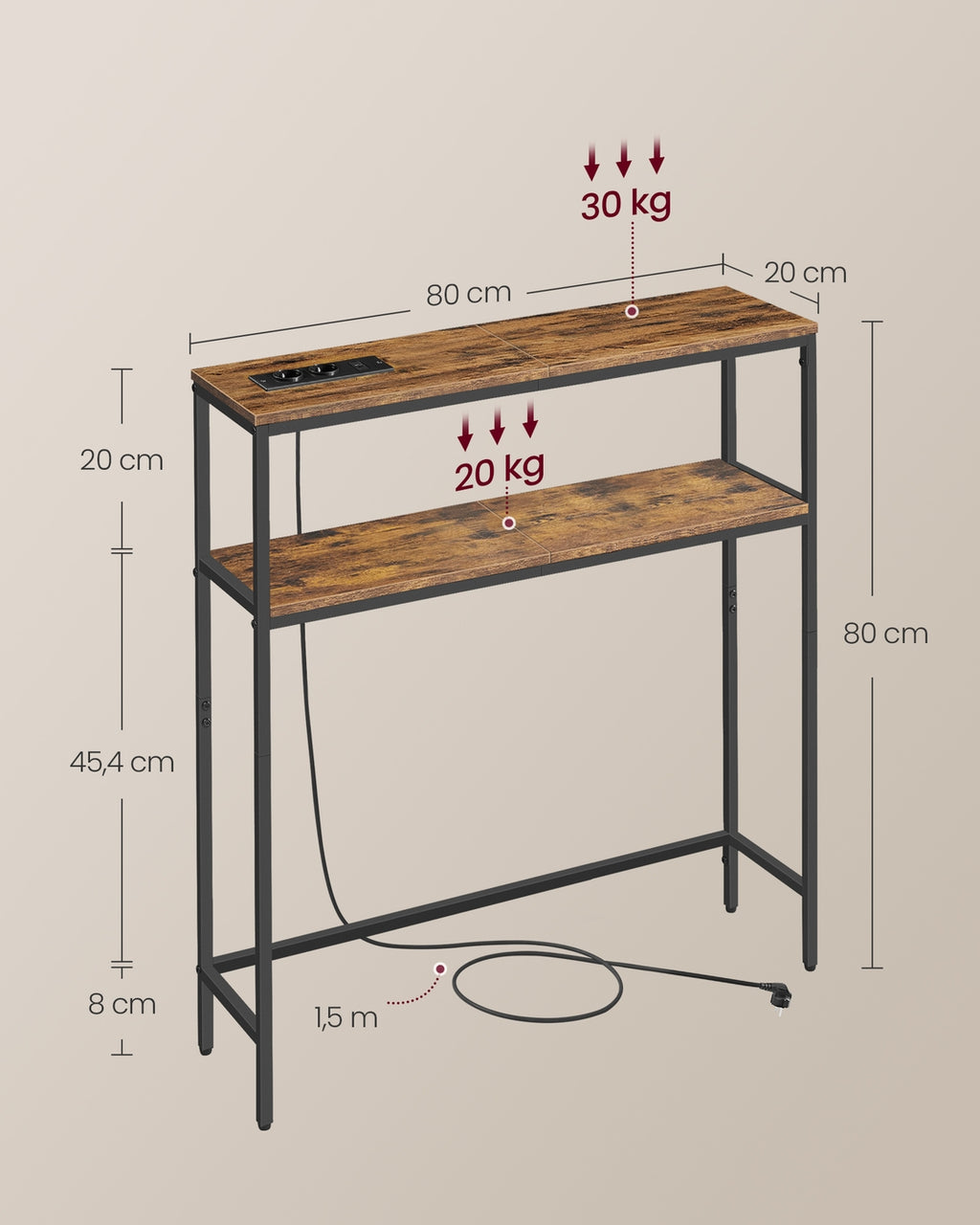 Konsolentisch mit 2 Ablagen 20 x 80 x 80 cm vintagebraun-tintenschwarz