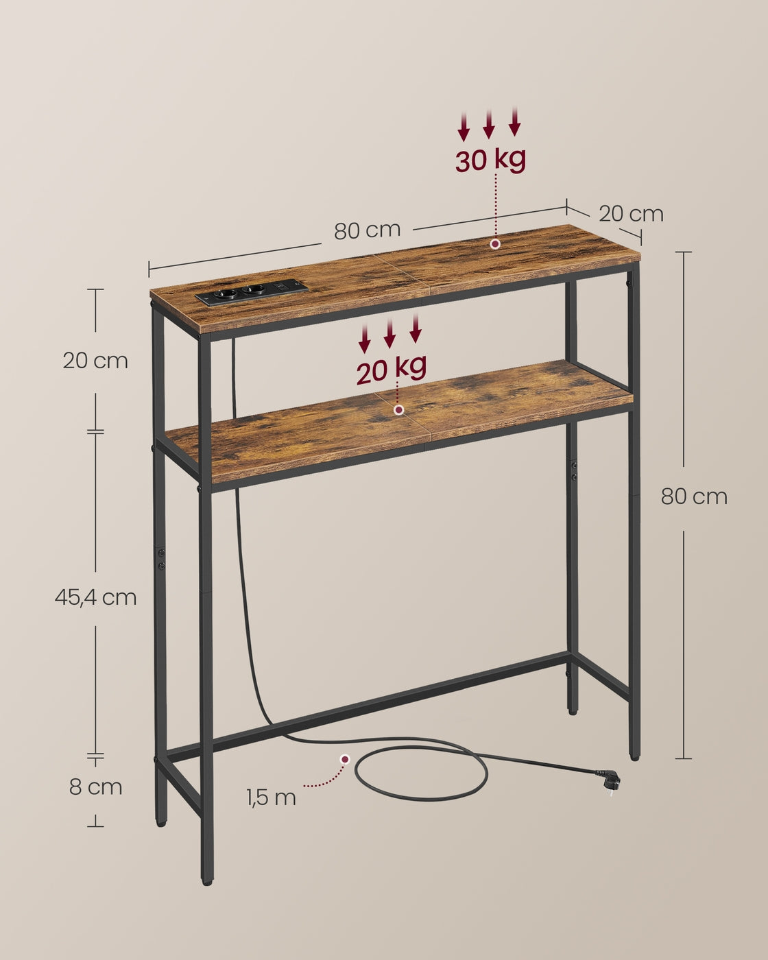Konsolentisch mit 2 Ablagen 20 x 80 x 80 cm vintagebraun-tintenschwarz
