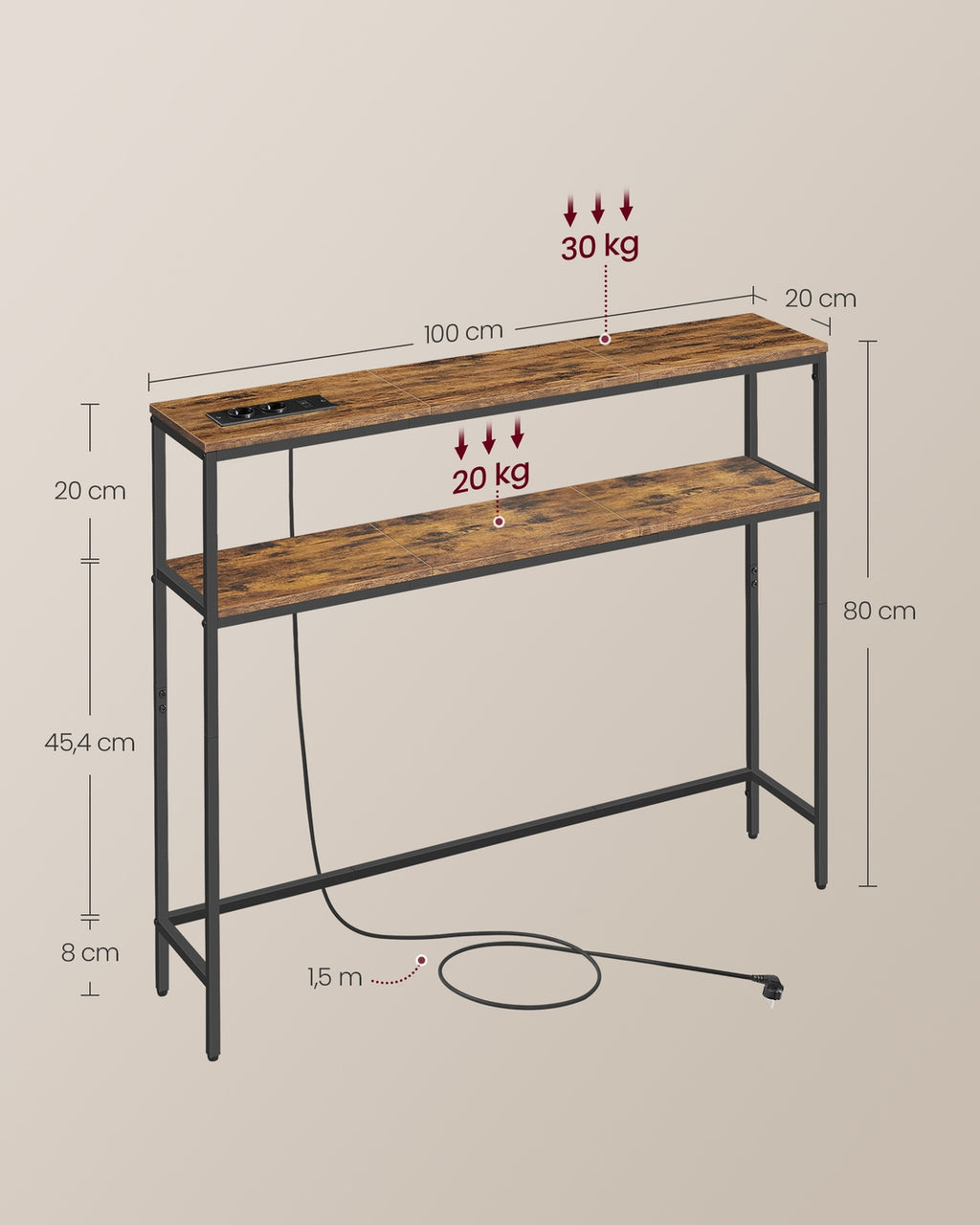 Konsolentisch mit 2 Ablagen 20 x 100 x 80 cm vintagebraun-tintenschwarz